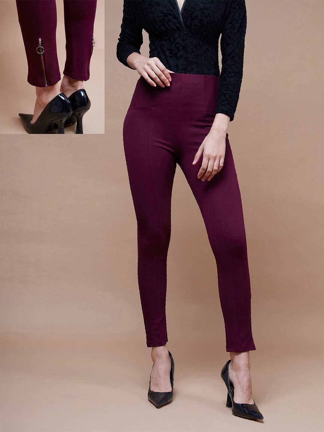 

SASSAFRAS BASICS Women Skinny Fit Jeggings With Zip, Burgundy