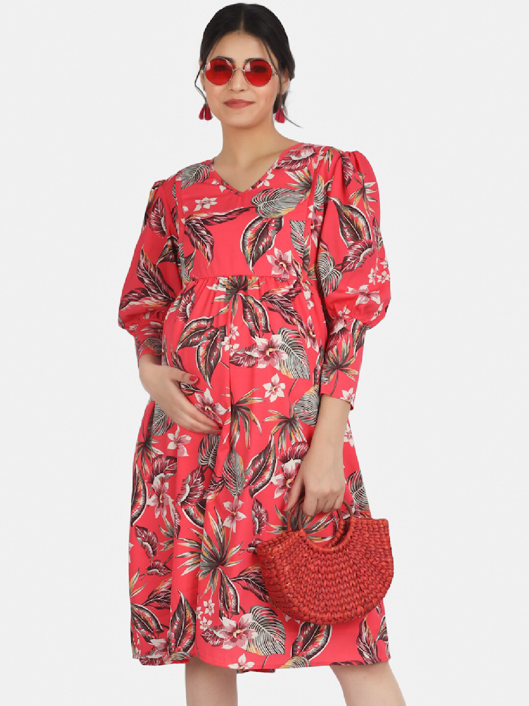 

angloindu Floral Printed Maternity Fit & Flare Dress, Pink