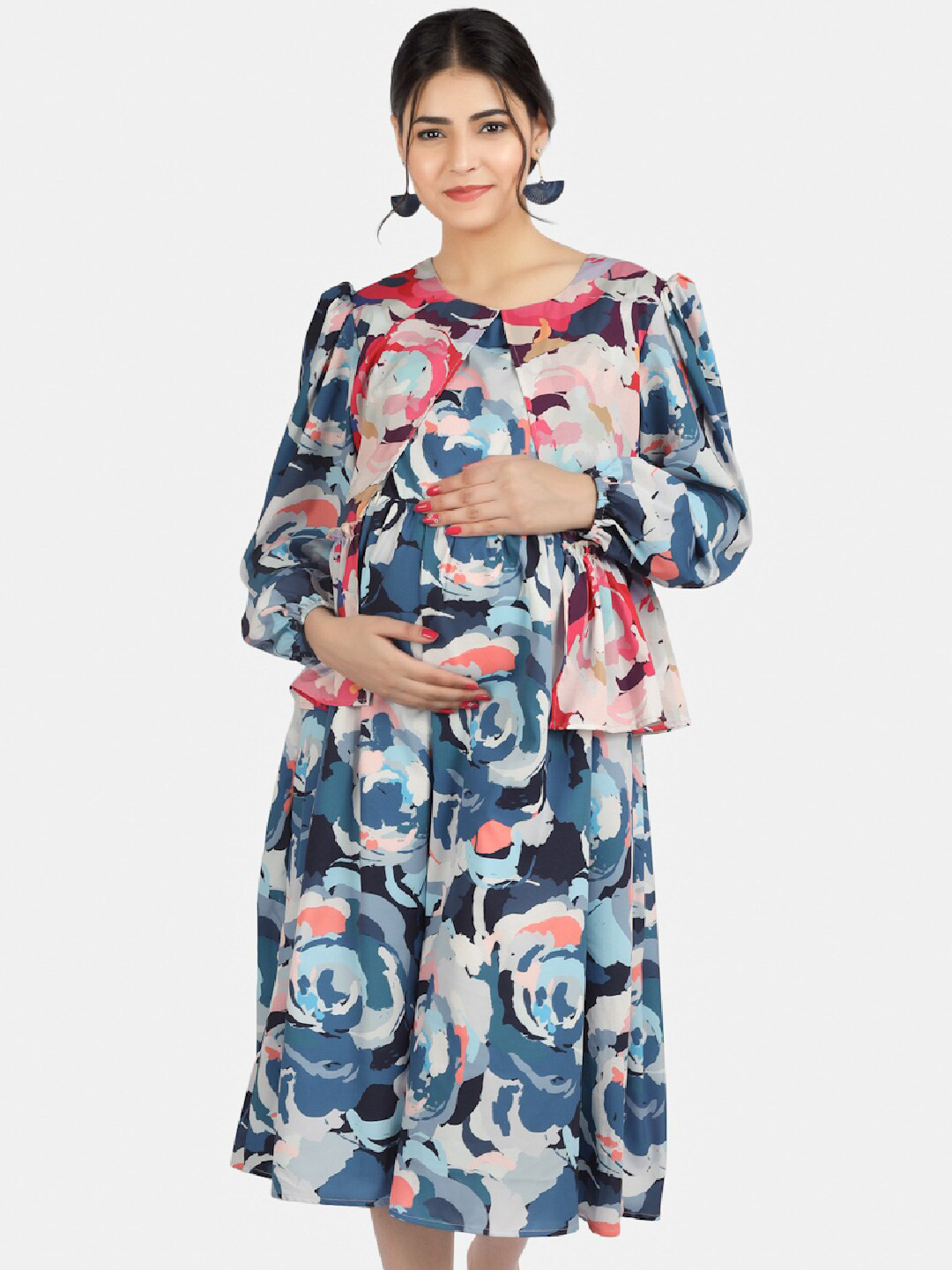 

angloindu Floral Printed Maternity A-Line Midi Dress, Blue