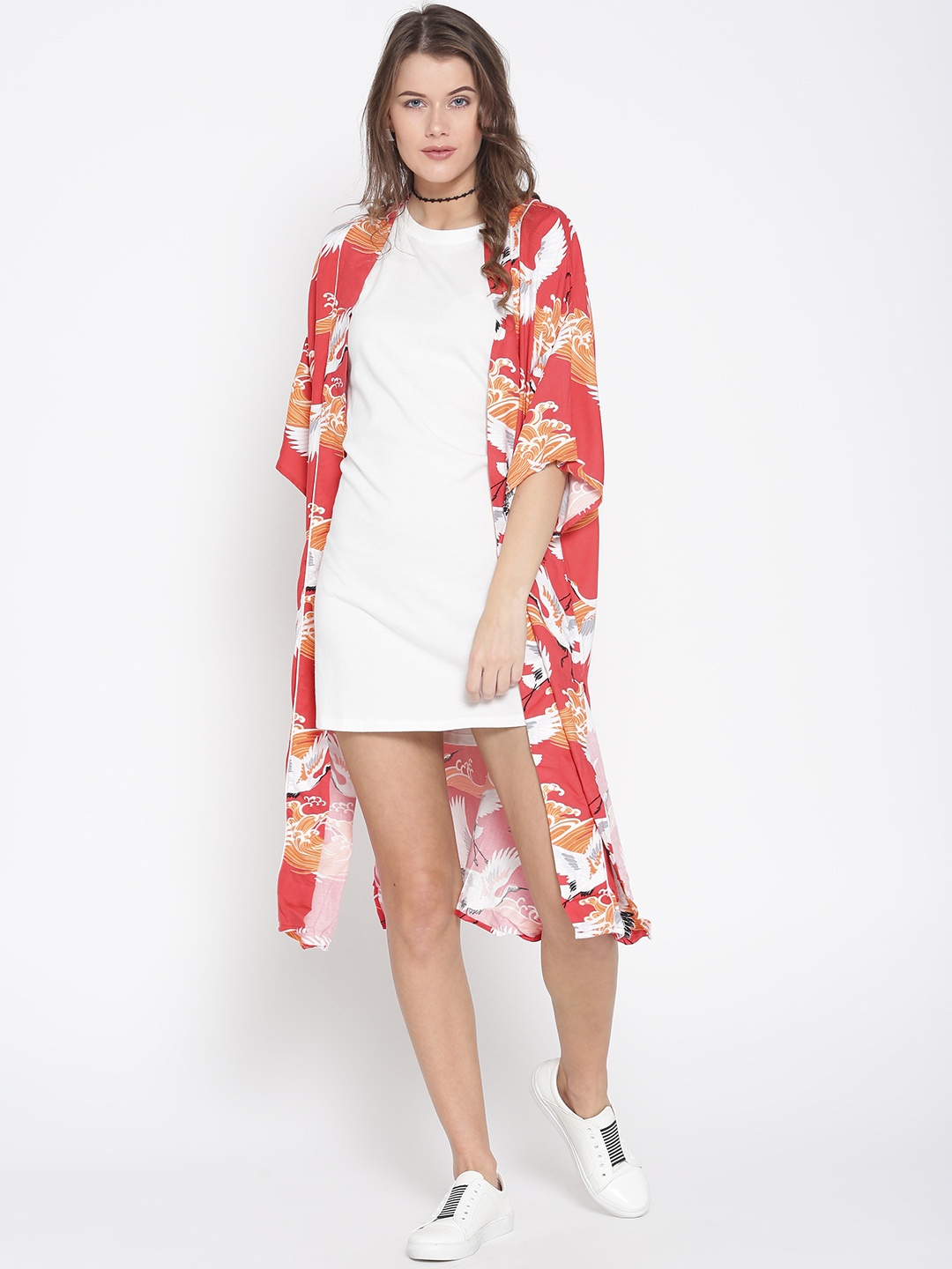 

FOREVER 21 Coral & White Printed Open Front Shrug