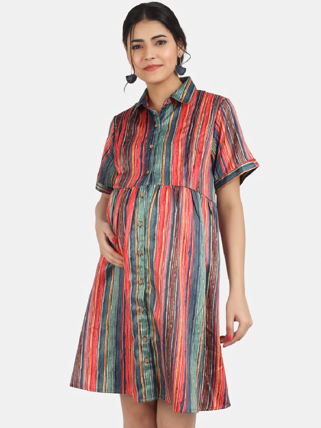 

angloindu Striped Satin Maternity Shirt Dress, Red