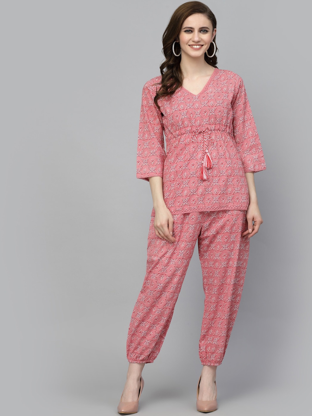 

PRAKRTEE Ethnic Motifs Printed Pure Cotton Night Suit, Pink
