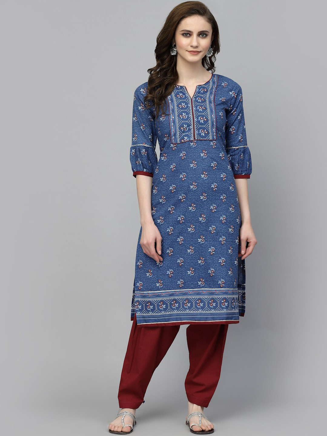 

PRAKRTEE Floral Printed Notch Neck Sequinned Pure Cotton Kurta with Salwar, Navy blue