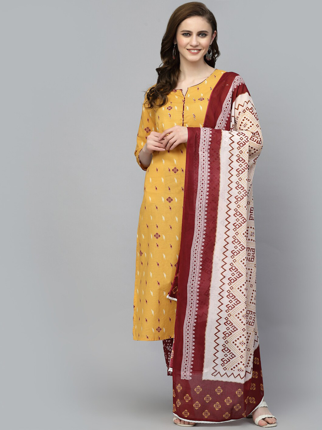 

PRAKRTEE Printed Notch Neck Sequinned Pure Cotton Kurta with Trousers & Dupatta, Mustard