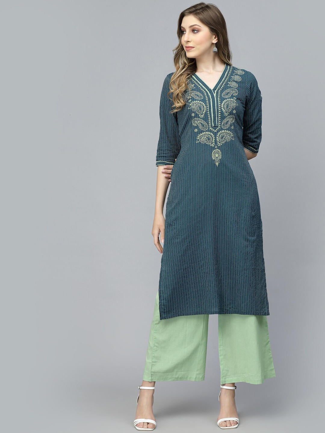 

PRAKRTEE Ethnic Motif Embroidered Pure Cotton Kurta with Palazzos & Dupatta, Teal