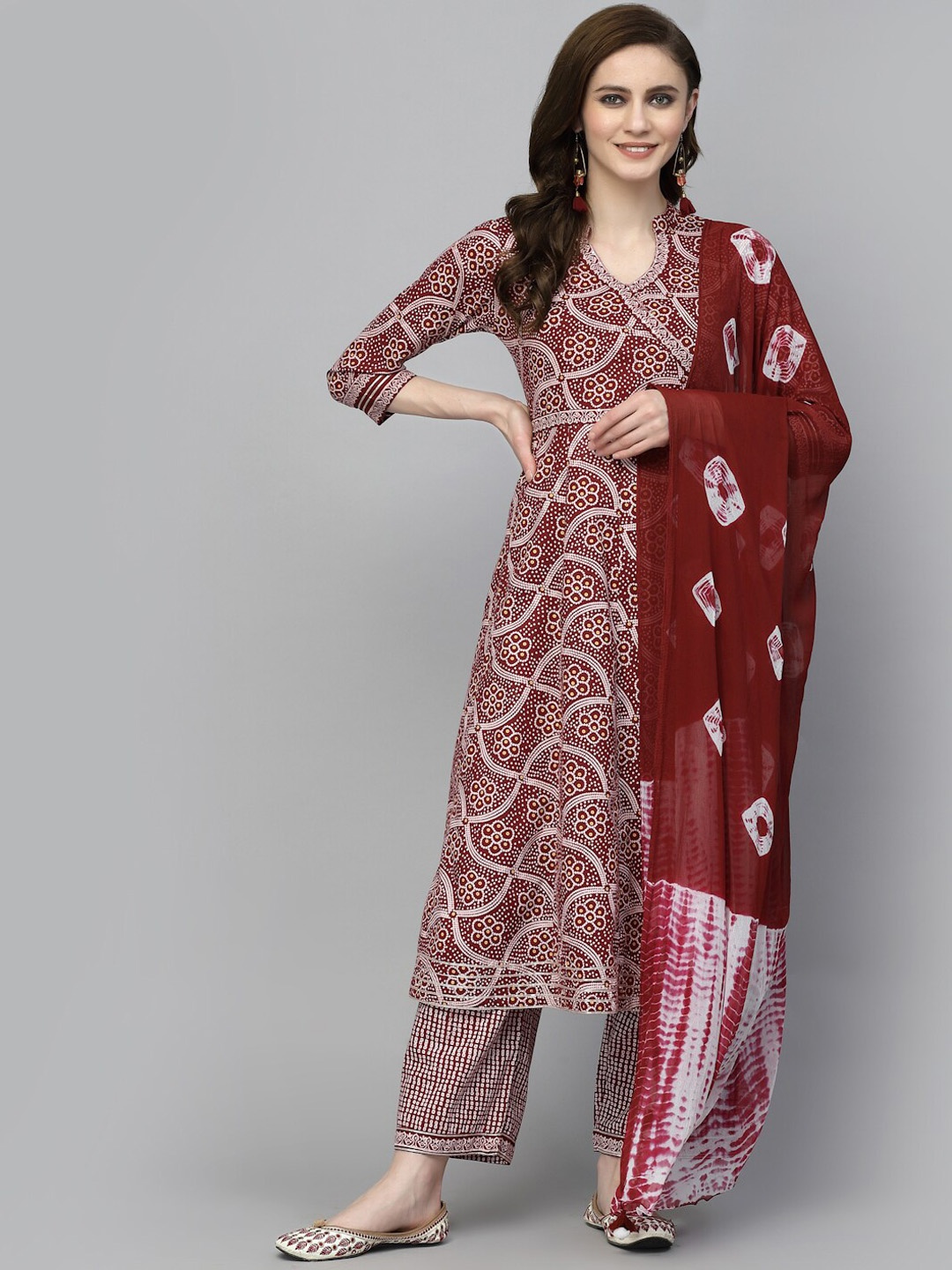 

PRAKRTEE Bandhani Printed Sequinned Angrakha Pure Cotton Kurta with Palazzos & Dupatta, Maroon