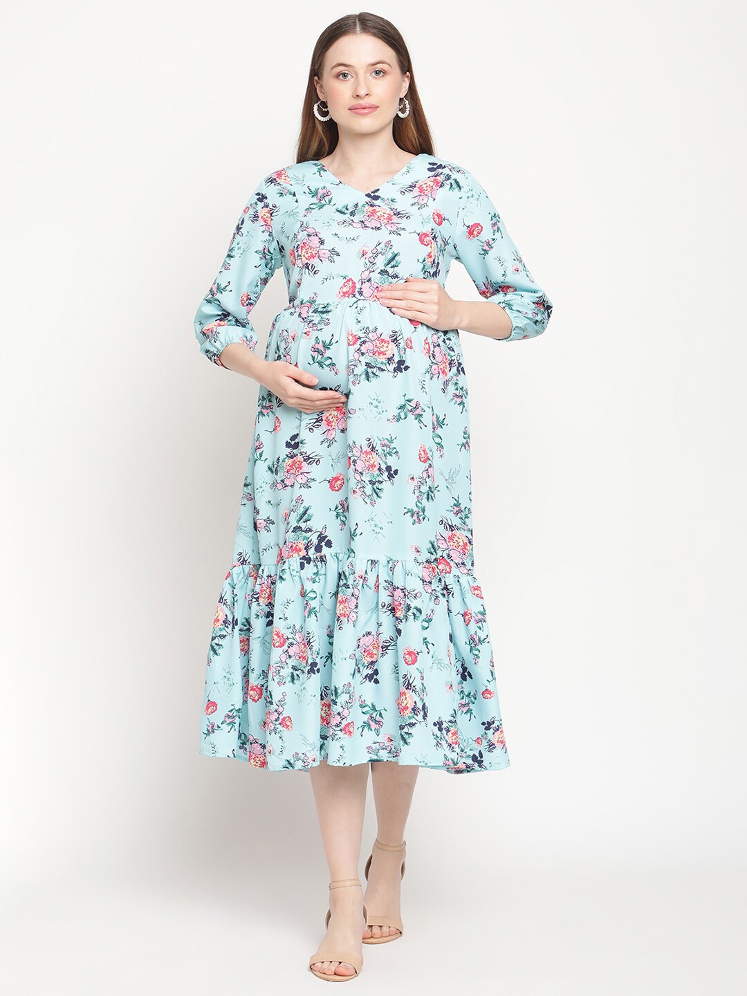 

Moms Maternity V-Neck Floral Crepe Maternity Midi Dress, Blue