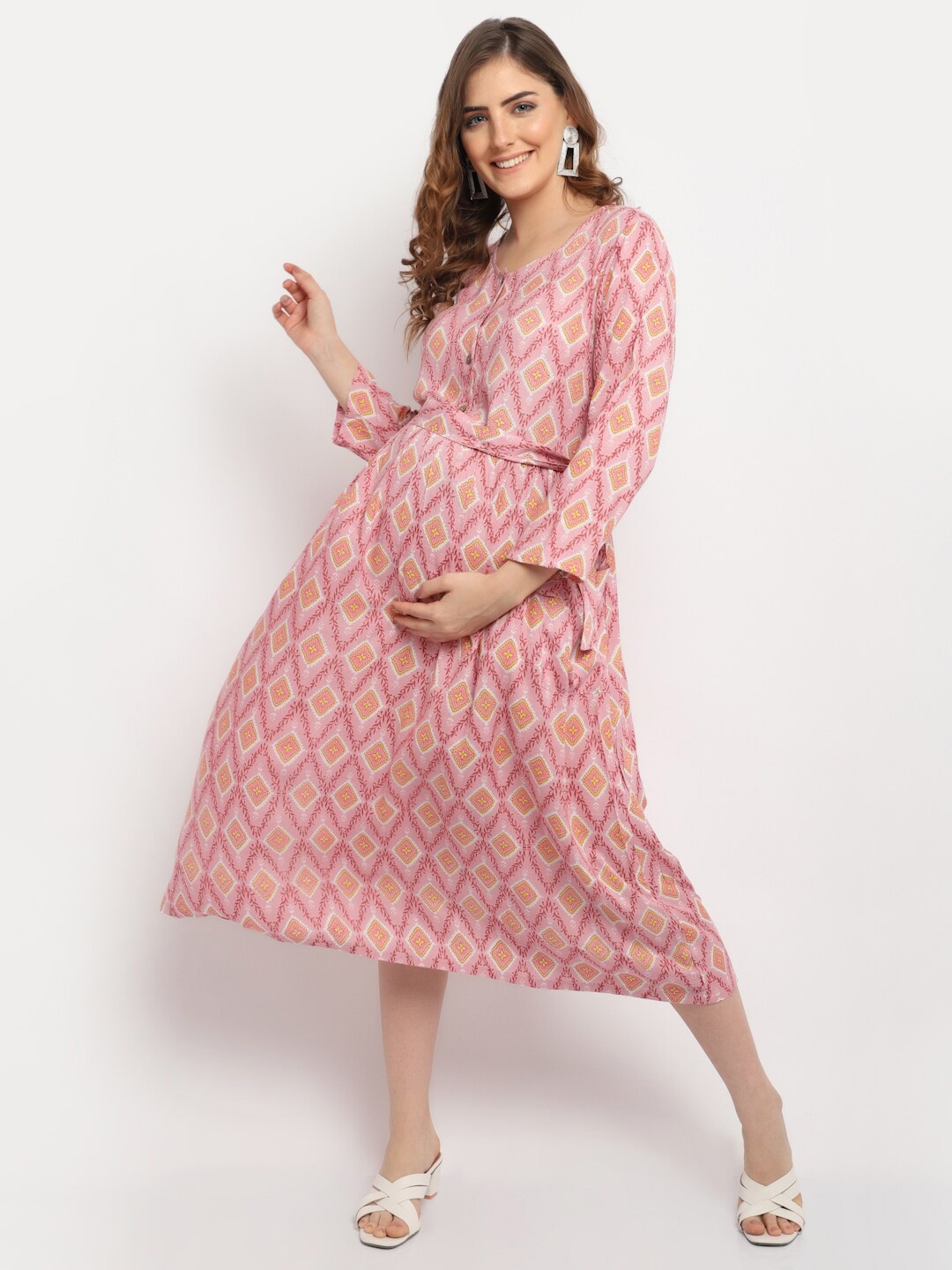 

Moms Maternity Floral Printed Maternity A-Line Midi Dress, Pink