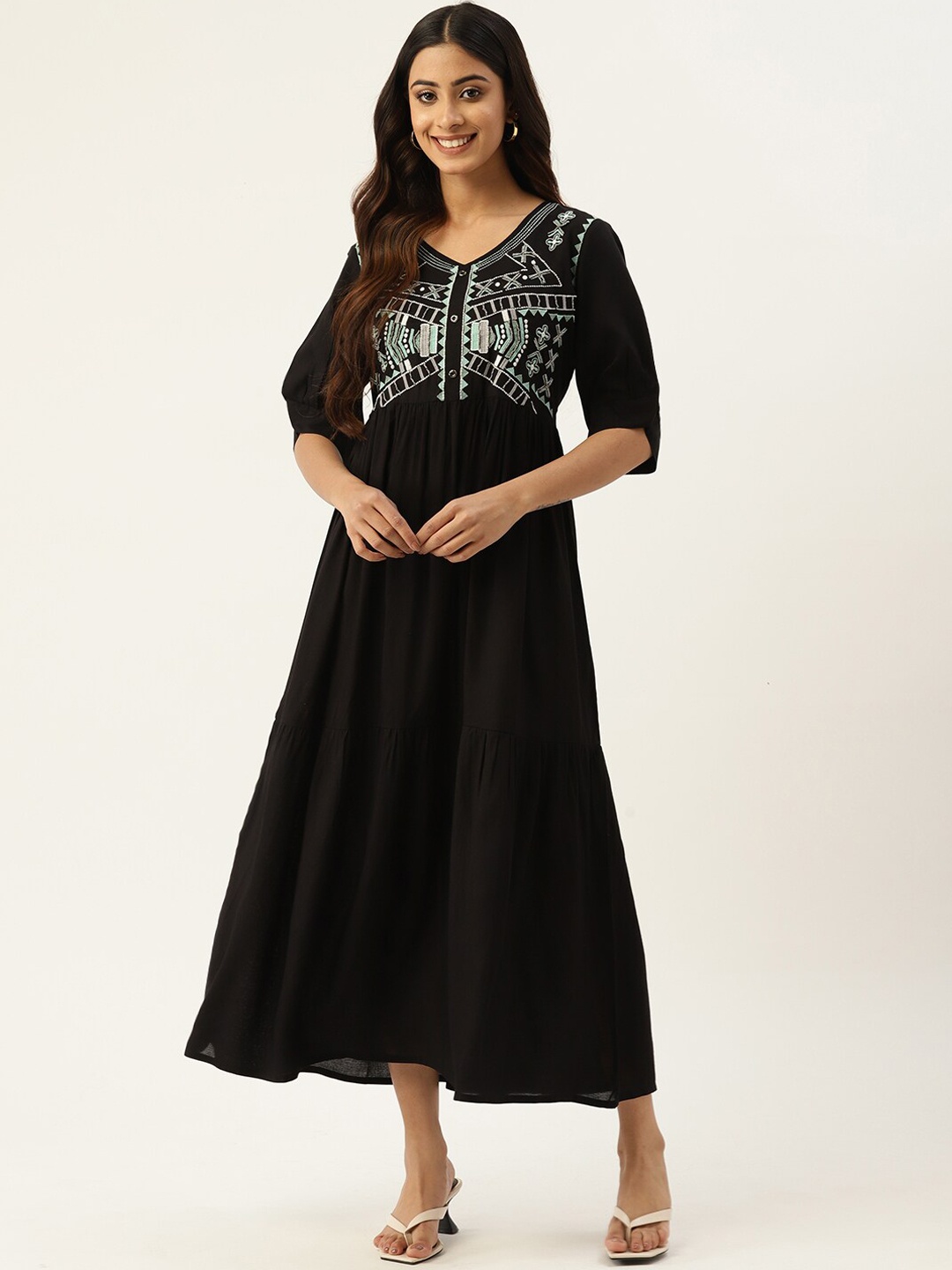 

SANSKRUTIHOMES Geometric Embroidered Woven Fit & Flare Ethnic Dresses, Black