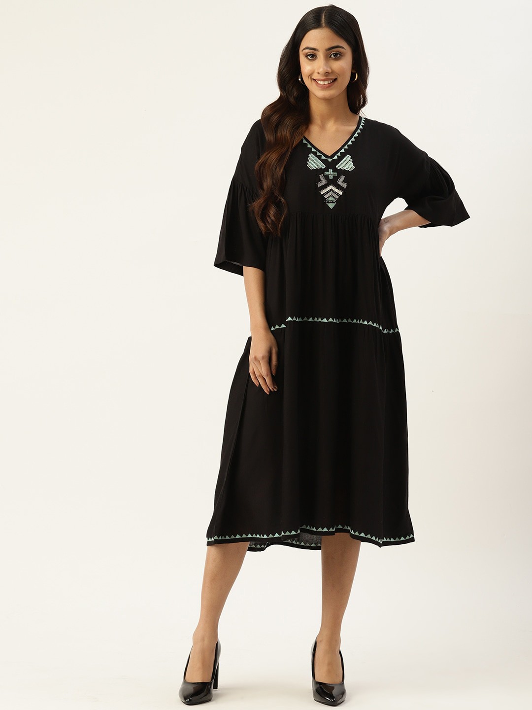 

SANSKRUTIHOMES Embroidered V-Neck Flared Sleeves Fit & Flared Midi Ethnic Dress, Black