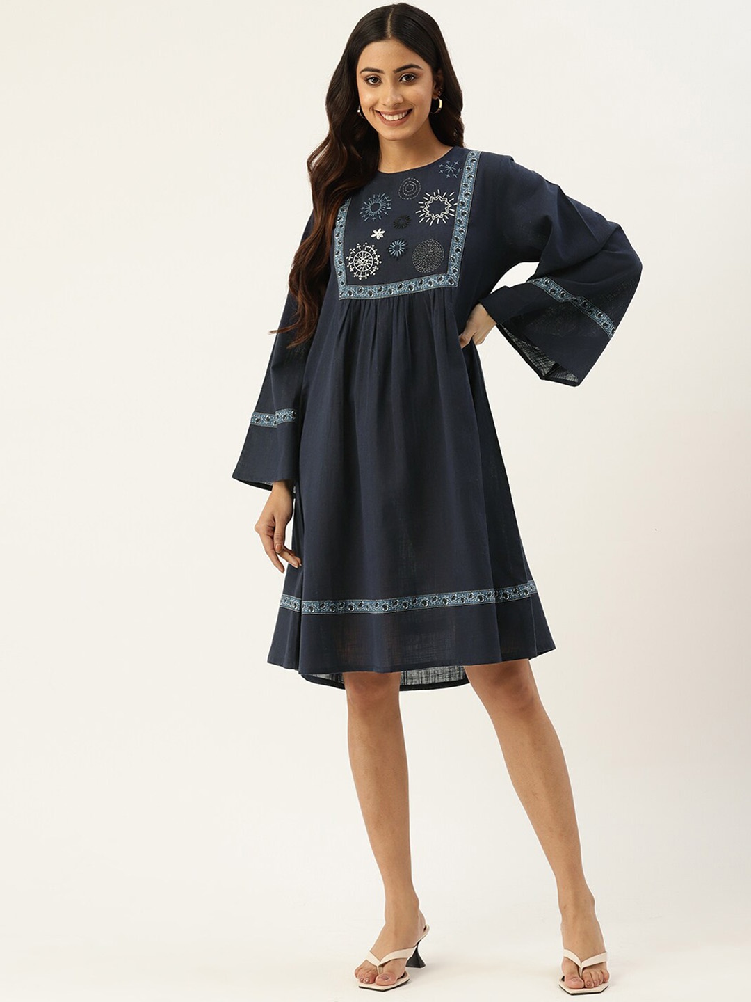 

SANSKRUTIHOMES Embroidered Cotton Flared Sleeves Fit & Flared Knee-Length Ethnic Dress, Navy blue