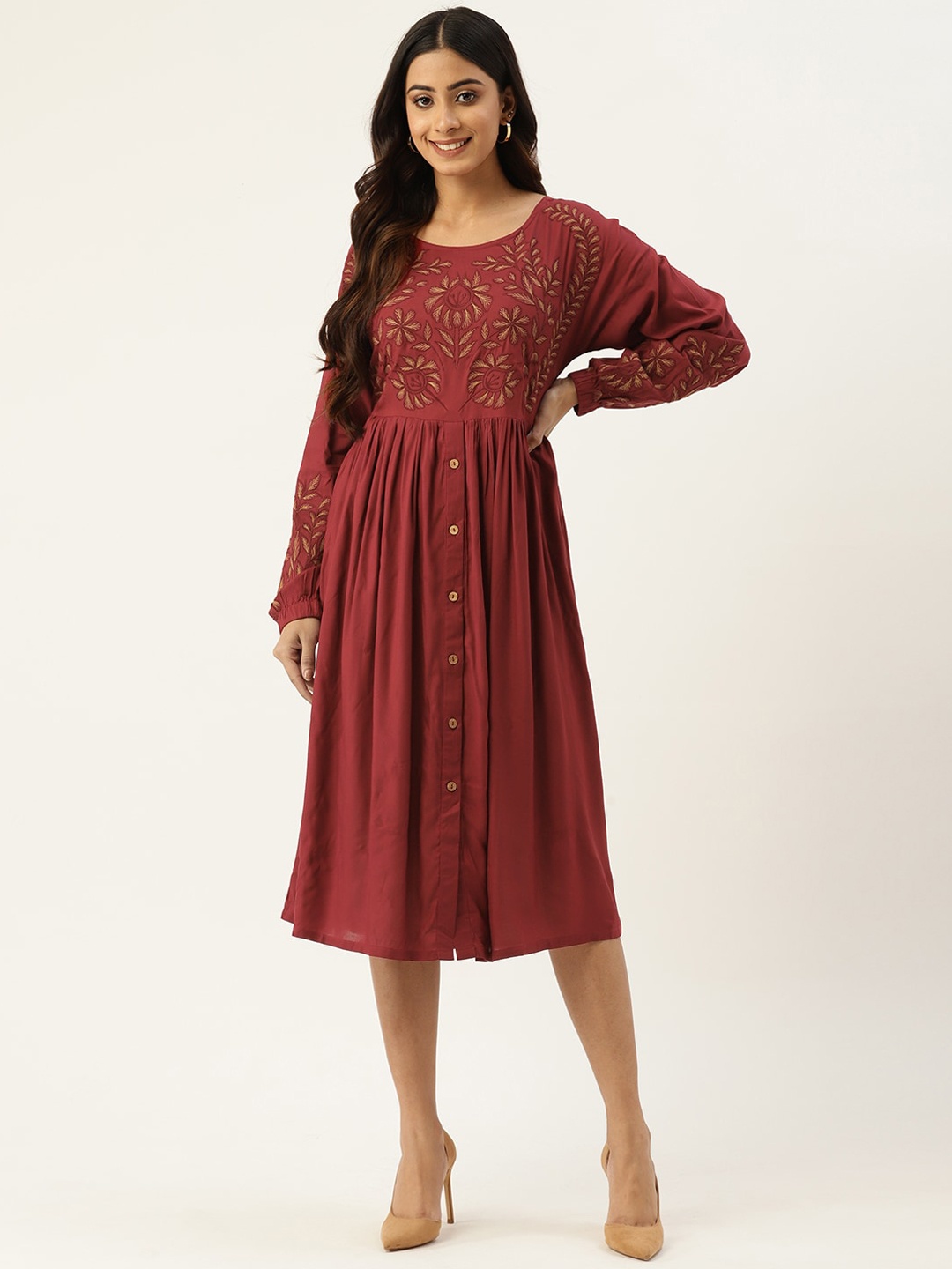 

SANSKRUTIHOMES Floral Embroidered Puff Sleeves Fit & Flared Midi Ethnic Dress, Maroon