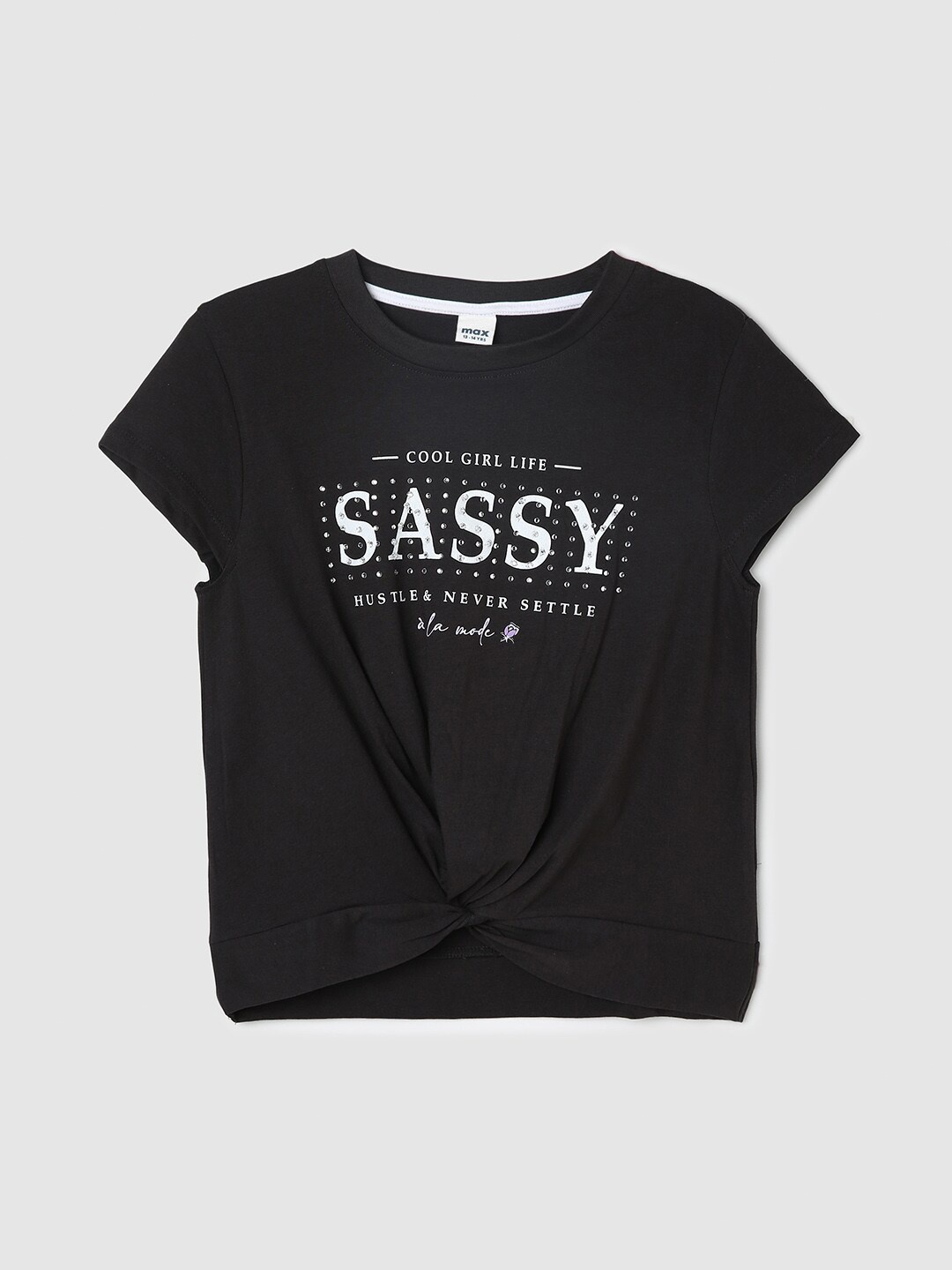 

max Girls Typography Printed Front Twisted Pure Cotton Top, Charcoal