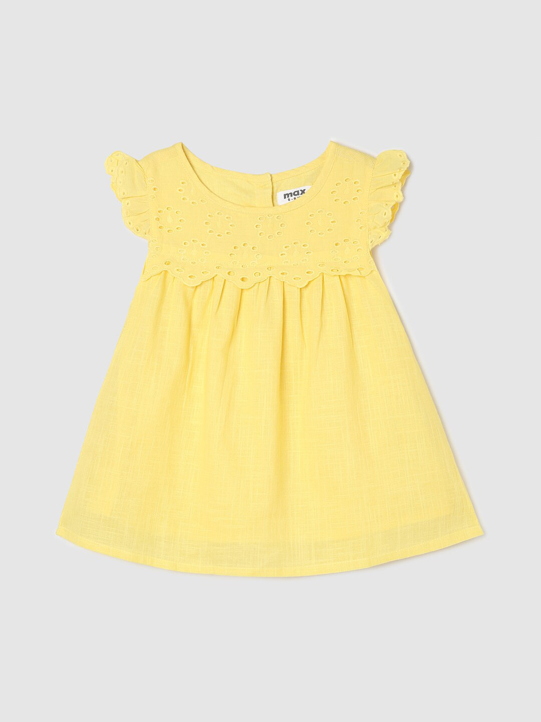 

max Girls Embroidered Flutter Sleeves Pure Cotton A-Line Top, Yellow