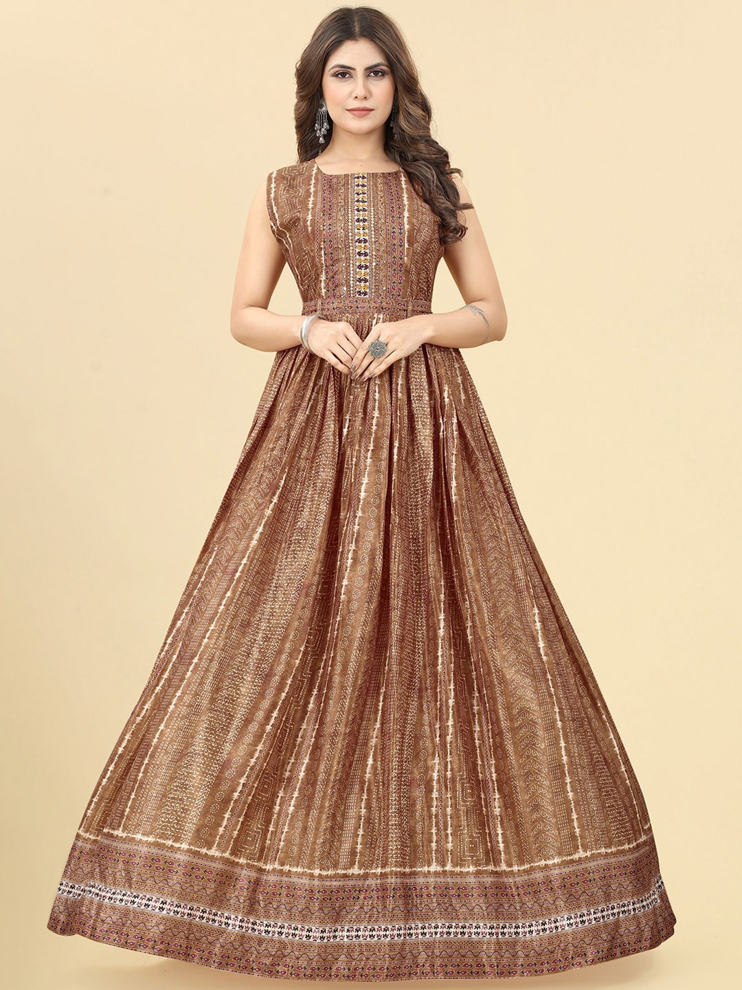 

KALINI Ethnic Motif Printed Square Neck Maxi Fit & Flare Ethnic Dresses, Coffee brown