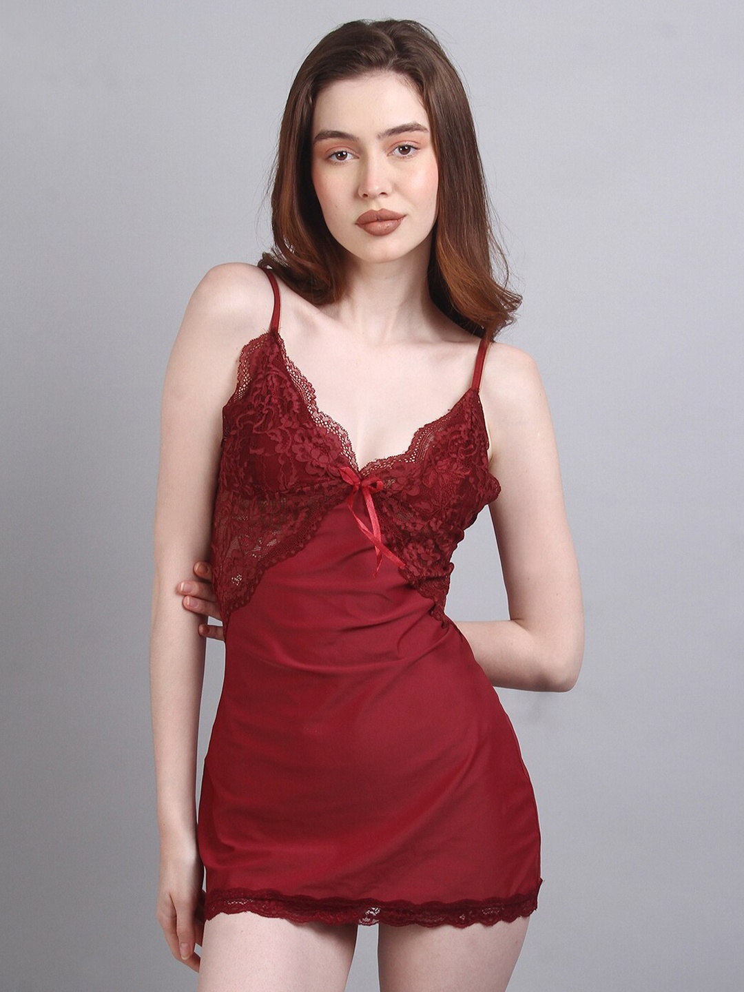 

Herryqeal Shoulder Straps With Lace Soft Stretchable & Comfortable Baby Doll, Maroon