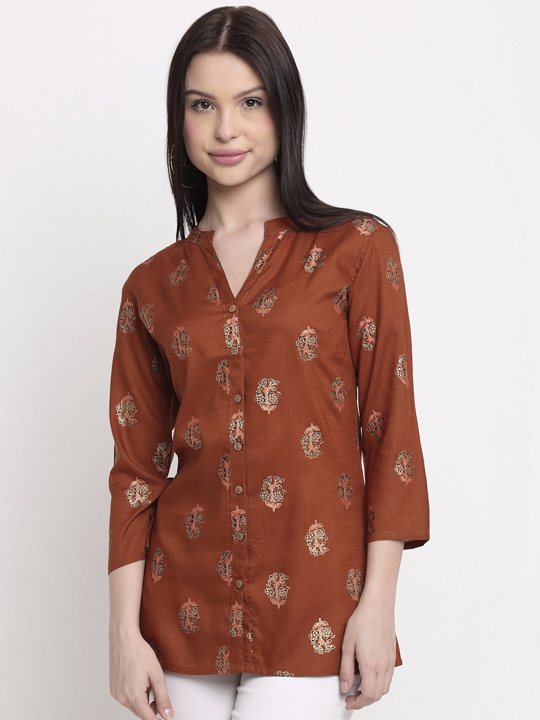 

DORIYA Ethnic Motif Printed Mandarin Collar A-Line Kurti, Brown