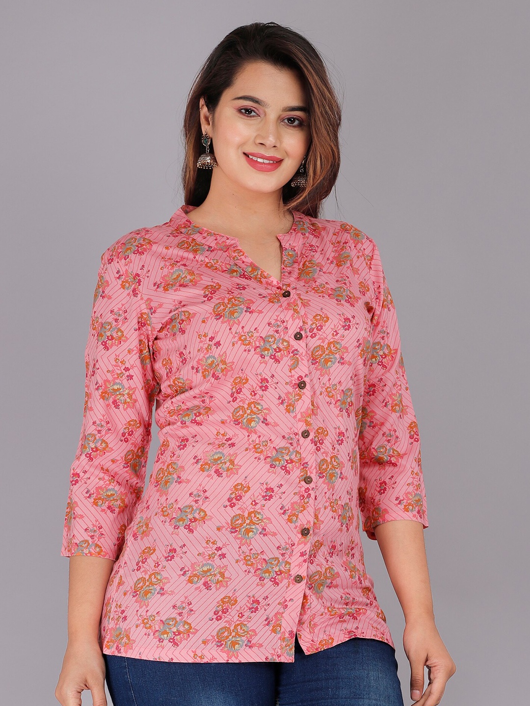 

DORIYA Floral Printed Mandarin Collar A-Line Kurti, Pink
