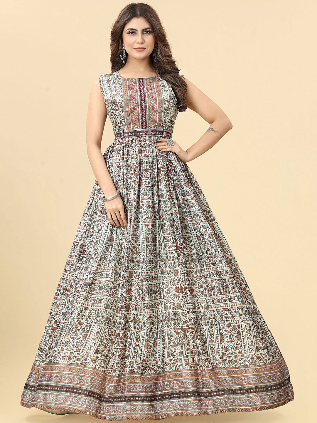 

KALINI Ethnic Motifs Printed Maxi-Length Ethnic Dresses, White