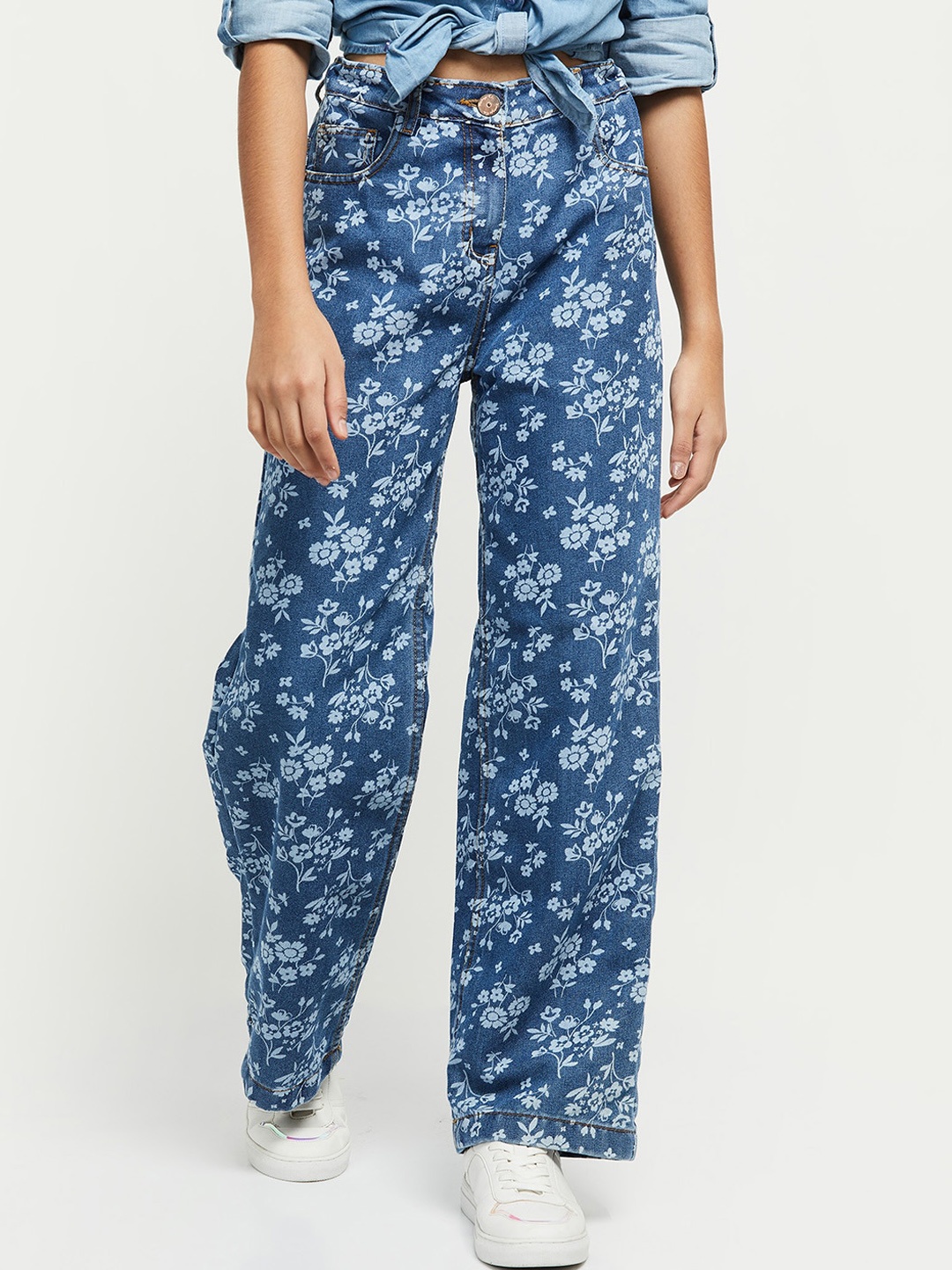 

max Girls Wide Leg Floral Printed Pure Cotton Jeans, Blue