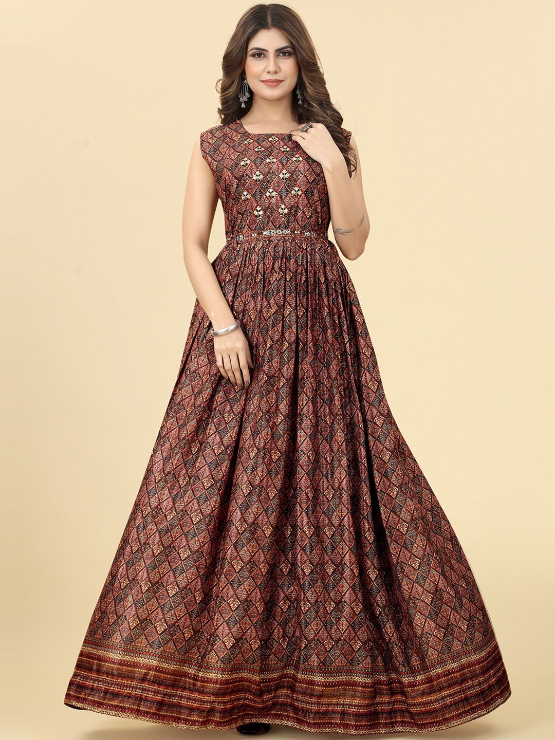 

KALINI Ethnic Motifs Printed Maxi-Length Flared Ethnic Dress, Coffee brown