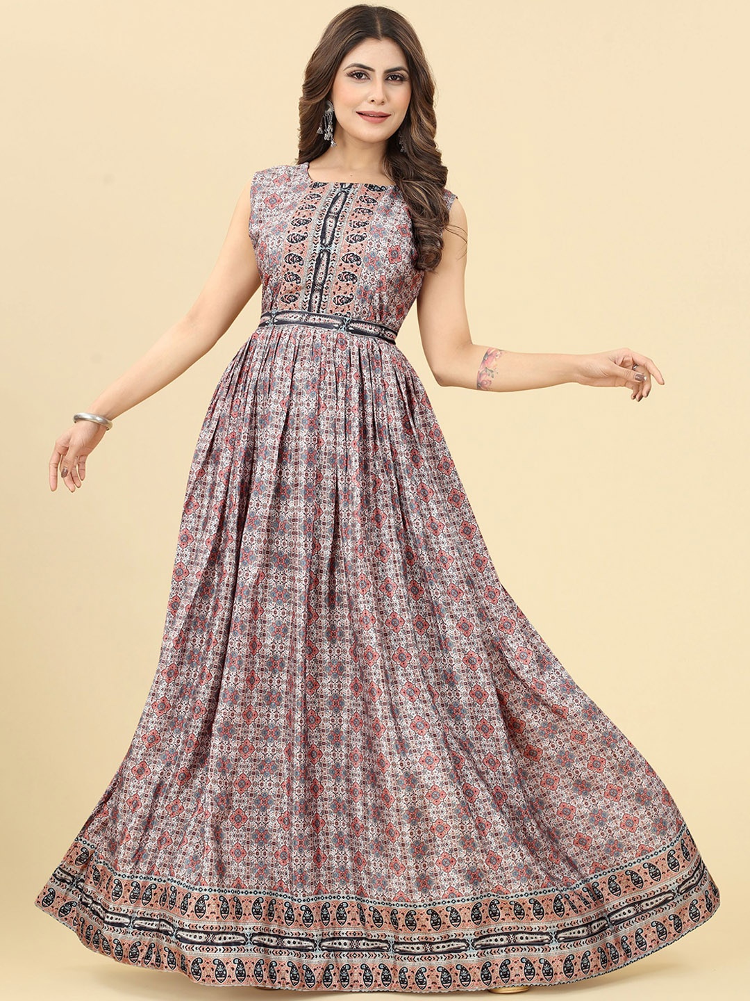 

KALINI Ethnic Motifs Square Neck Sleeveless Long Fit and Flare Ethnic Dress, Coffee brown