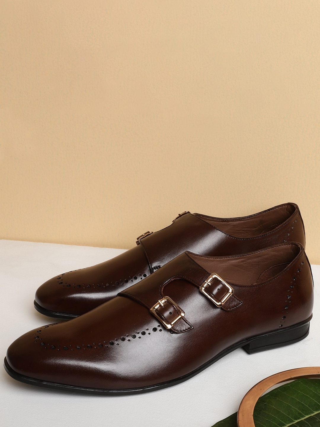 

FACCE FELICI Hallstatt Men Leather Formal Monk Shoes, Brown
