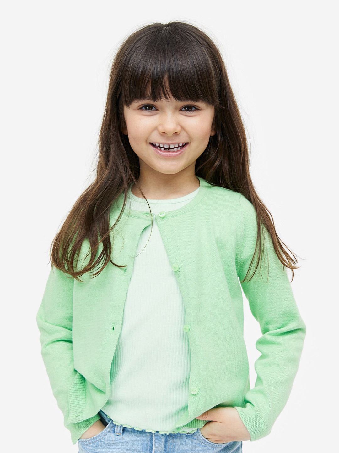 

H&M Girls Fine-Knit Pure Cotton Cardigan, Green