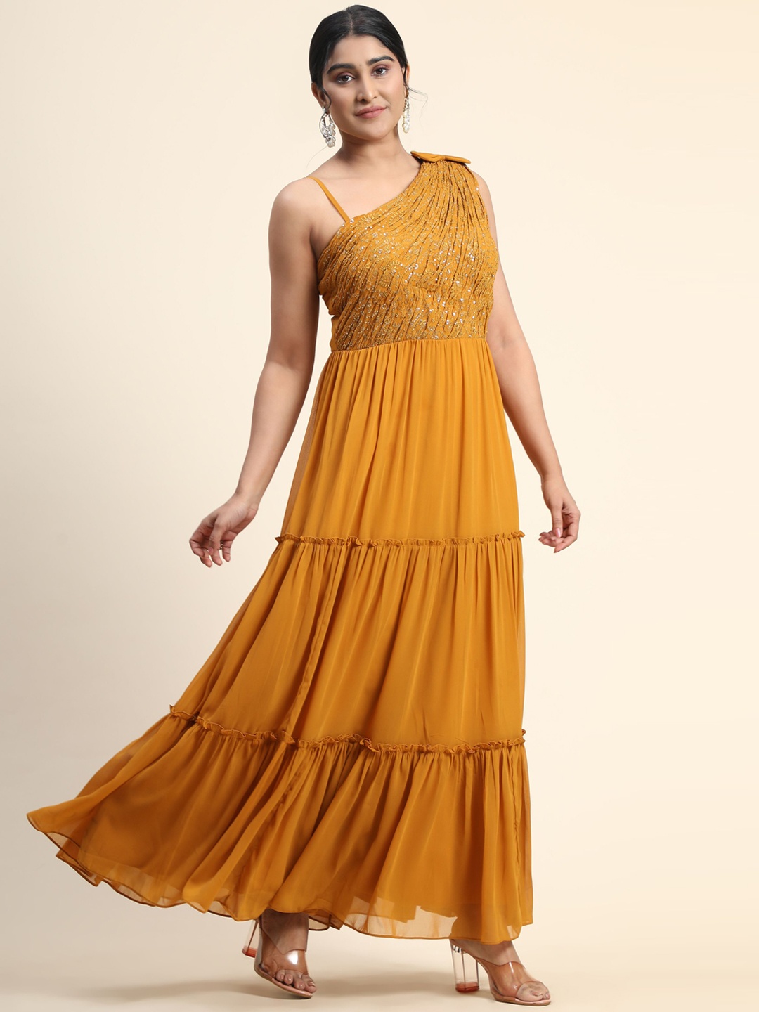 

KALINI Embroidered Sequined Shoulder Straps Maxi Ethnic Dress, Mustard