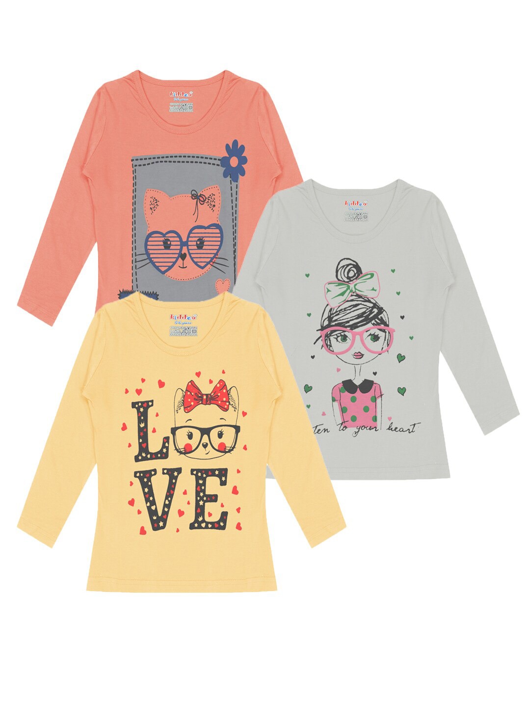 

Kiddeo Girls Pack of 3 Printed Long Sleeves Cotton T-shirts, Peach