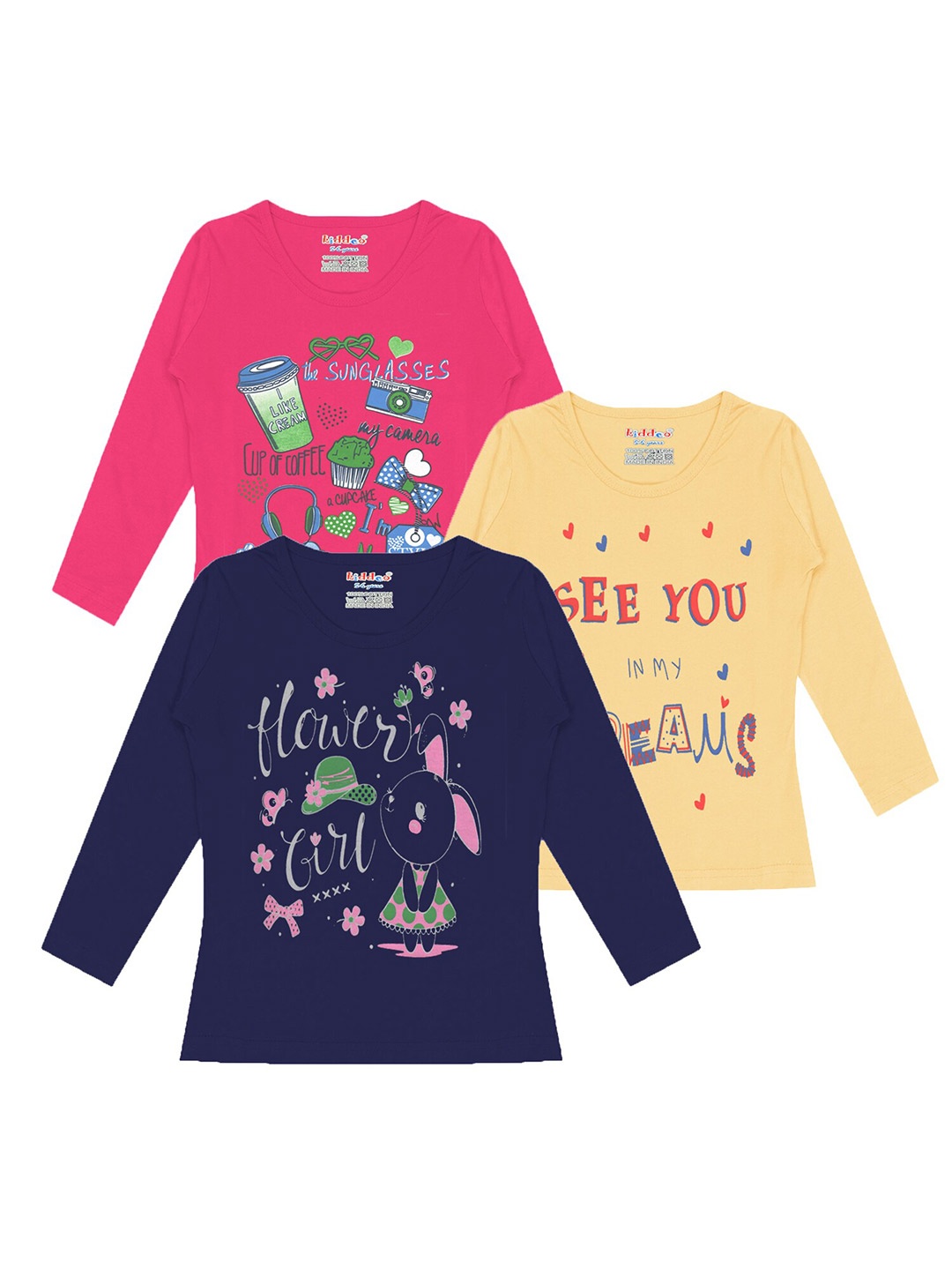 

Kiddeo Girls Pack Of 3 Typography Printed Cotton T-shirt, Navy blue