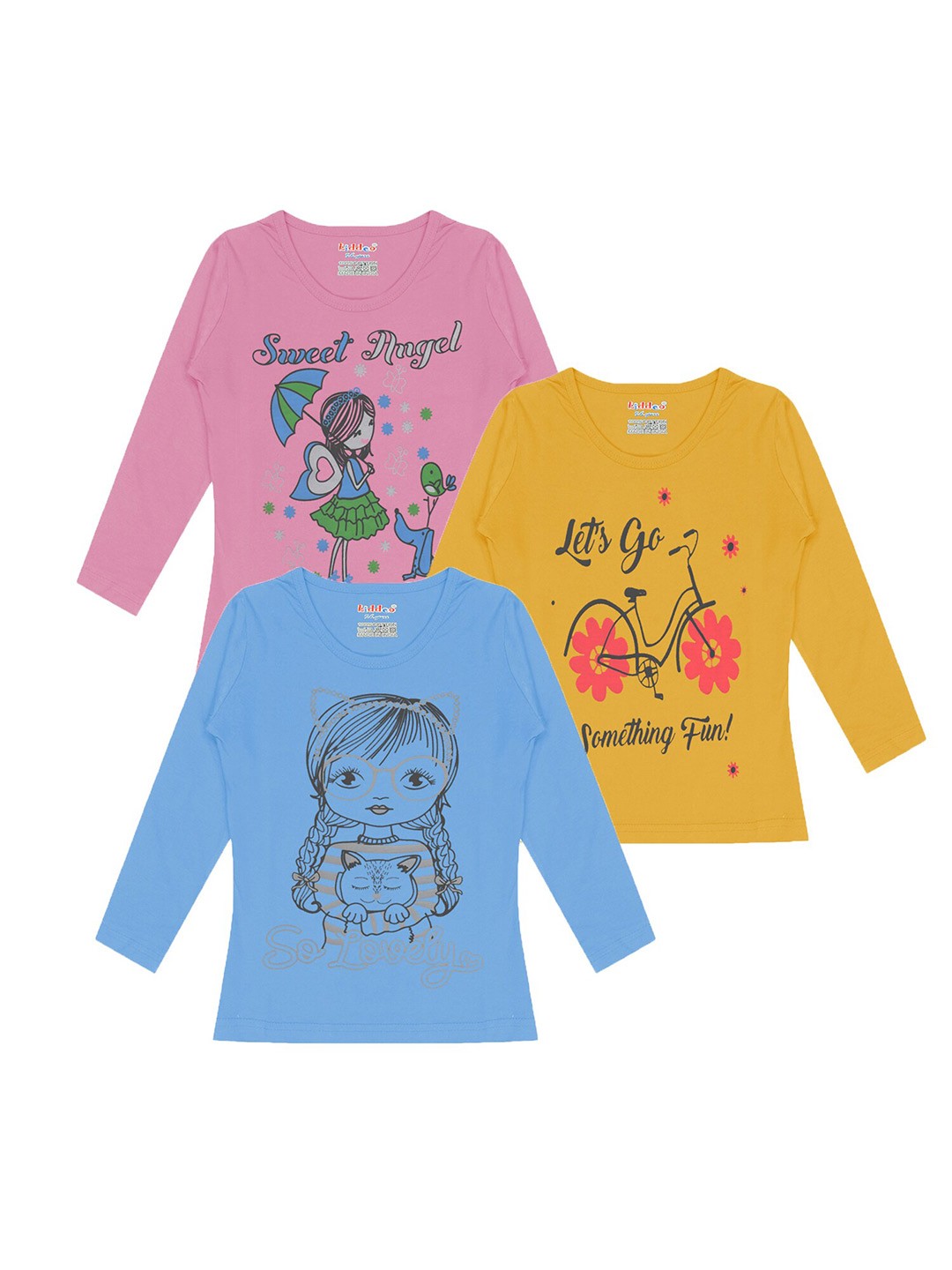

Kiddeo Girls Pack Of 3 Graphic Printed Cotton T-shirt, Blue