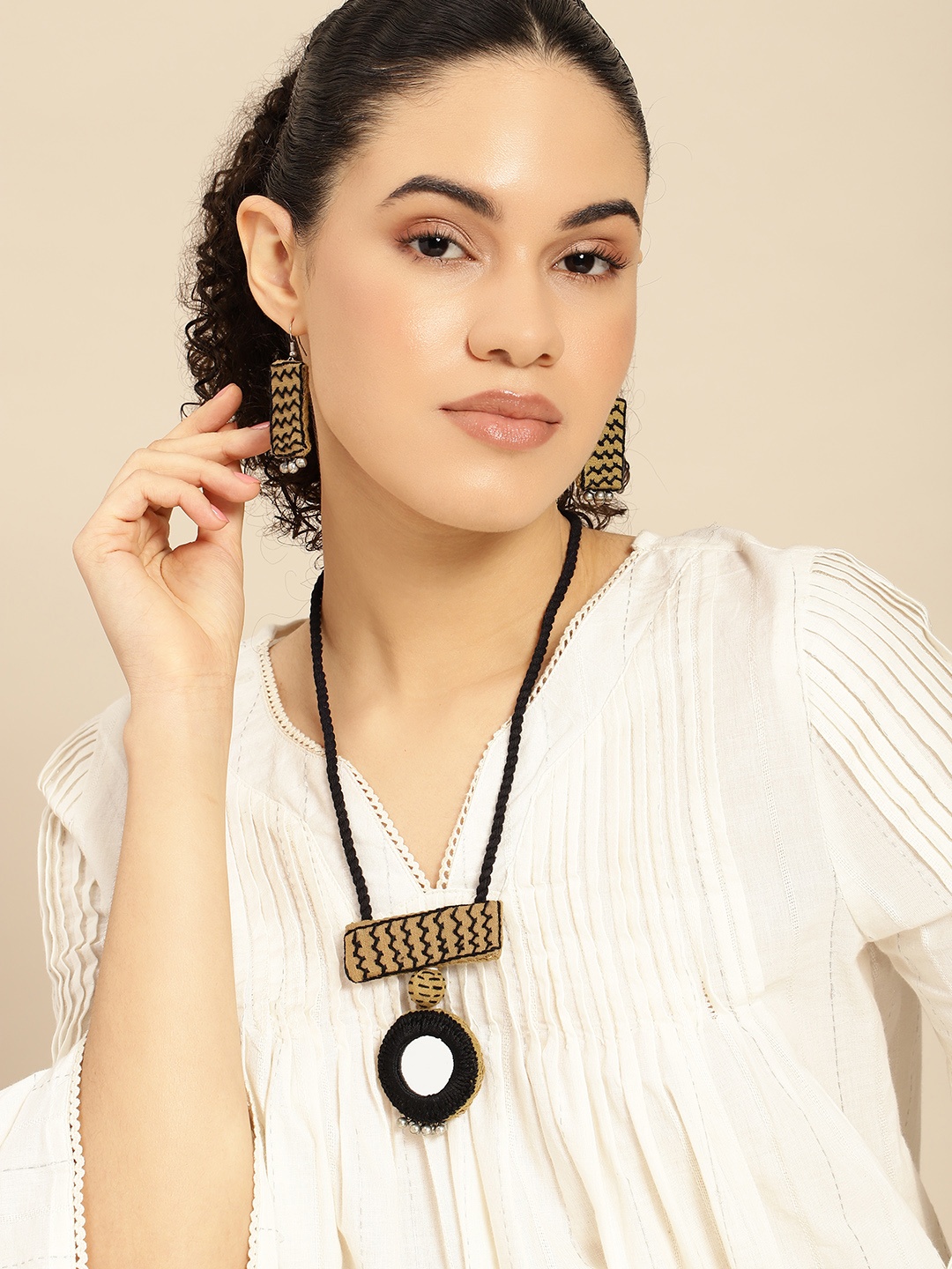 

Taavi Women Mirror Studded Ethnic Jewellery Set With Pom-Pom & Embroidered Detail, Olive