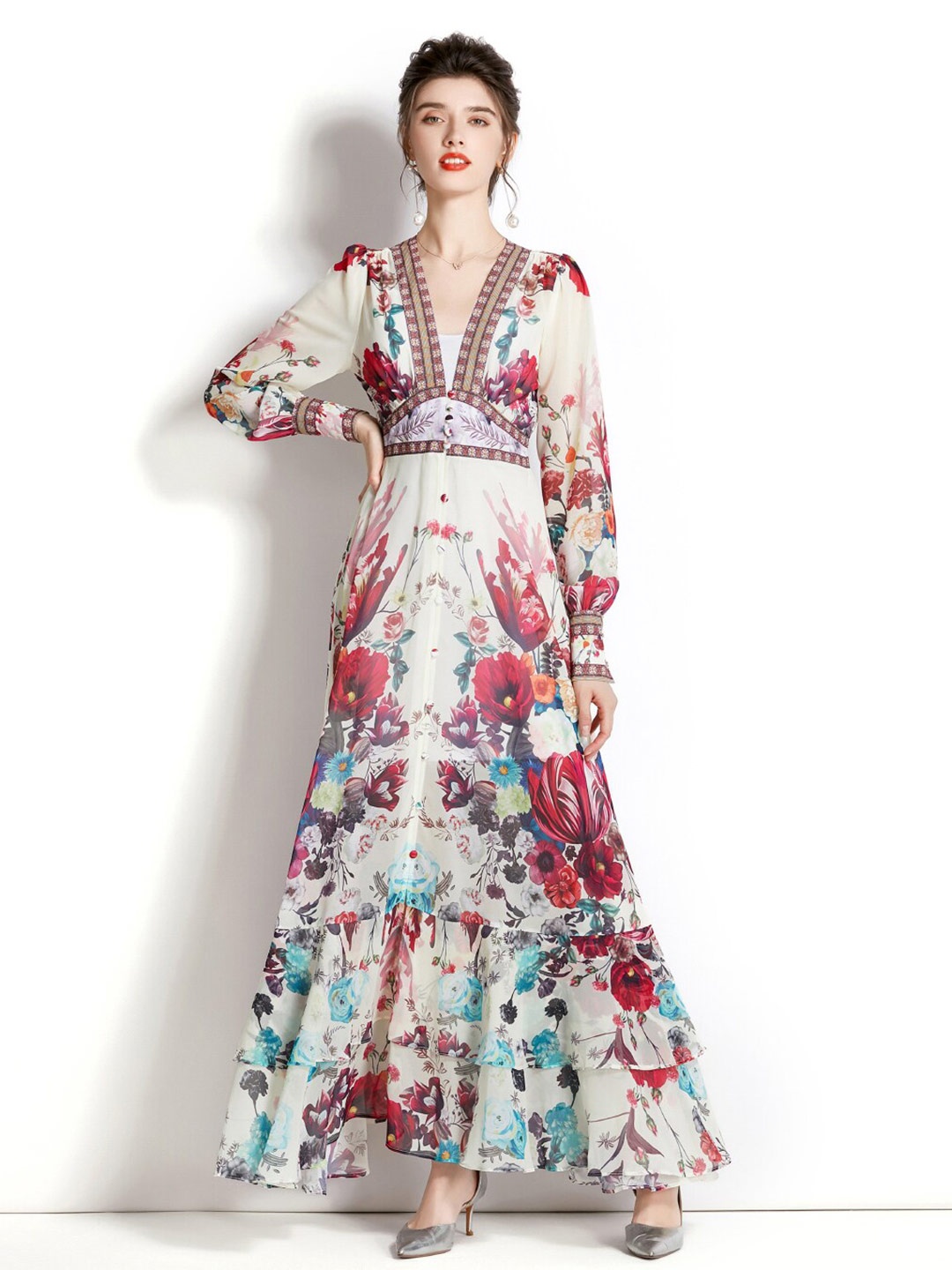 

JC Collection Floral Printed Maxi Empire Dress, Off white