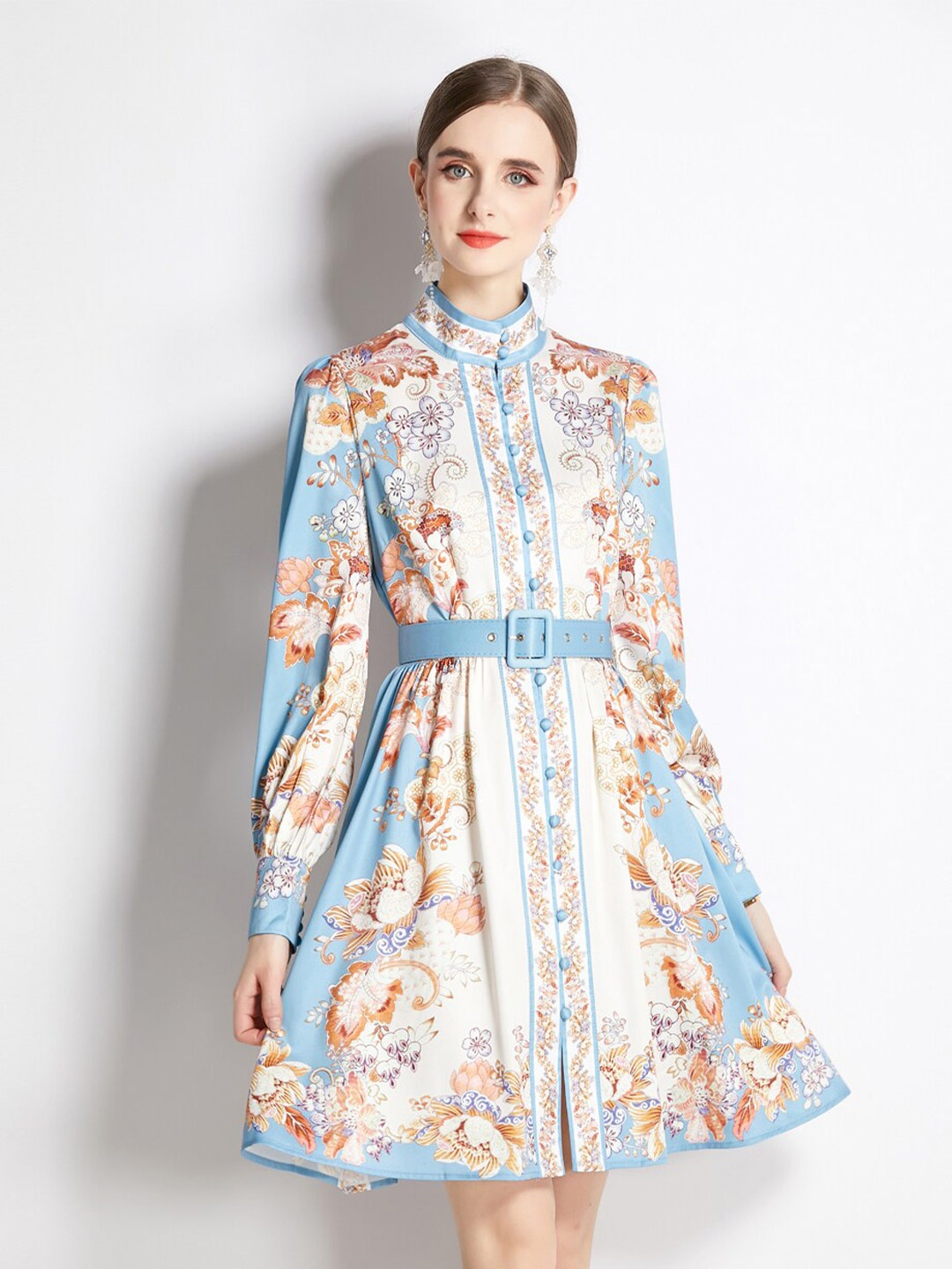 

JC Collection Floral Printed High Neck Shirt Dress, Blue