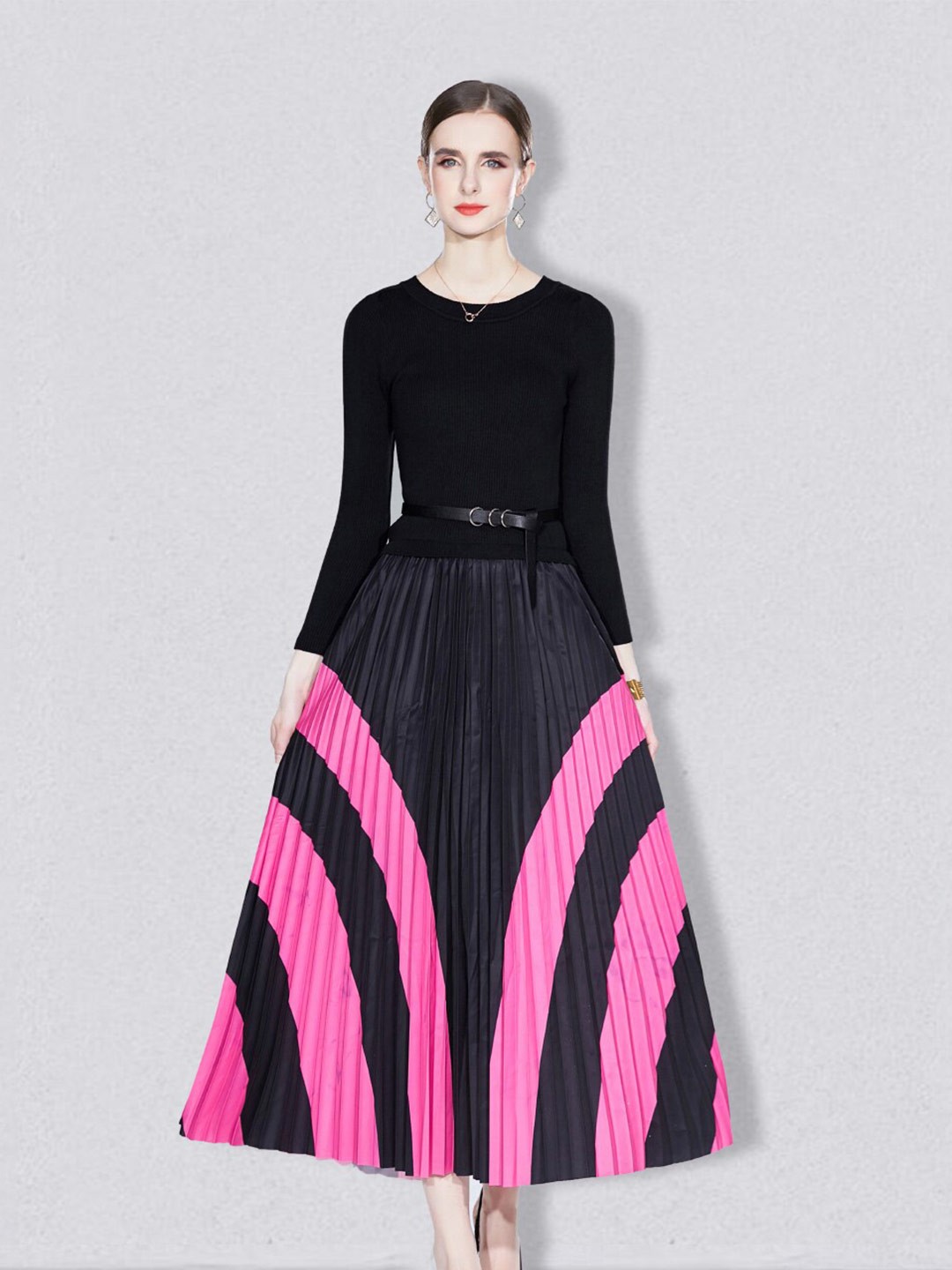 

JC Collection Round Neck Top With Colourblocked Skirt, Black