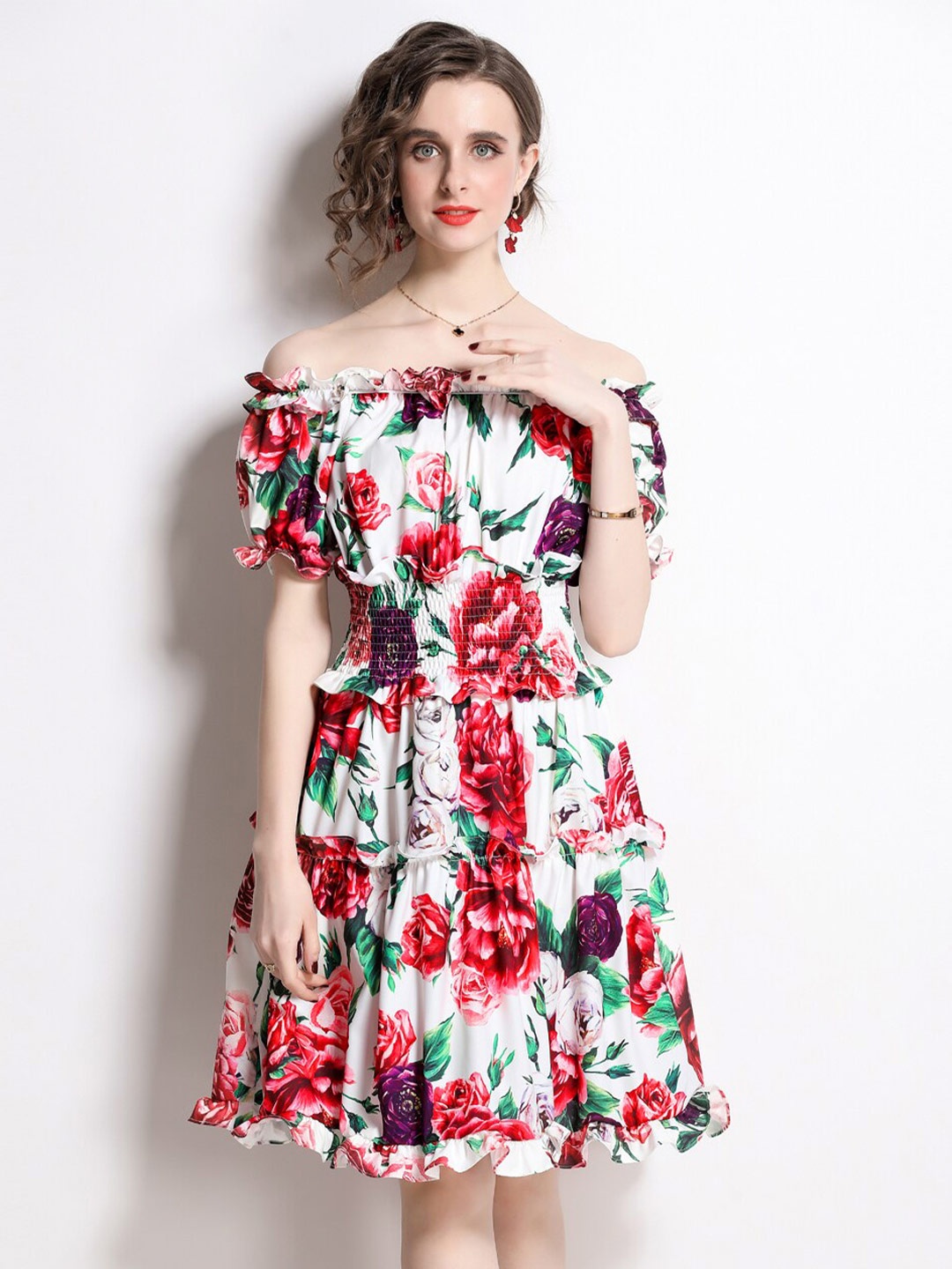 

JC Collection Floral Printed Smocked Tiered Off-Shoulder Fit & Flare Dress, Red