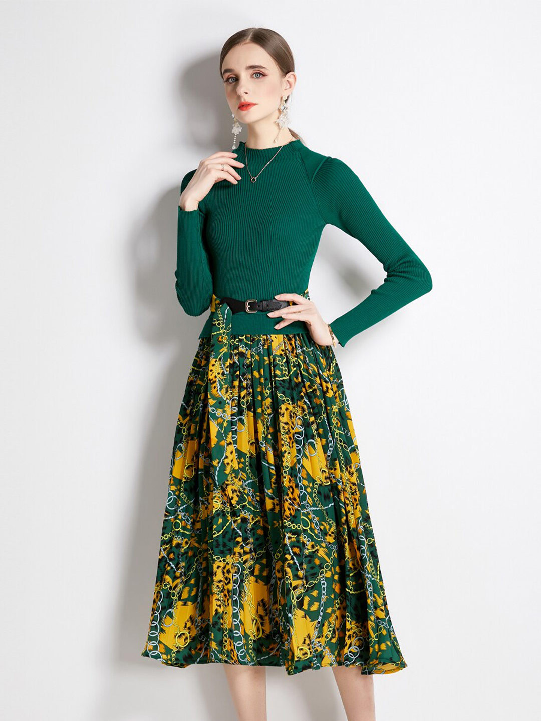 

JC Collection High Neck Top With Printed Skirt, Green