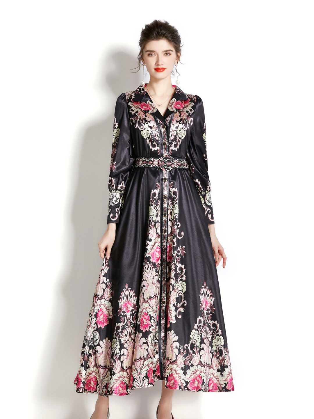 

JC Collection Floral Printed Shirt Maxi Dress, Black