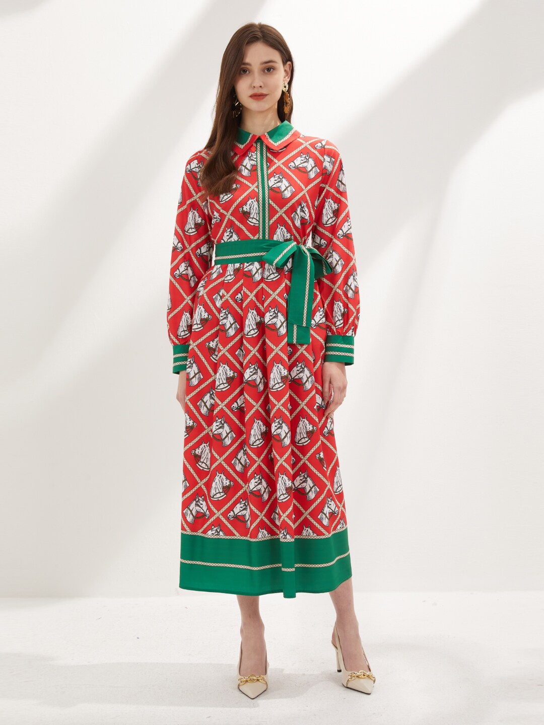 

JC Collection Shirt Collar Tie-Up Detail Midi Dress, Red