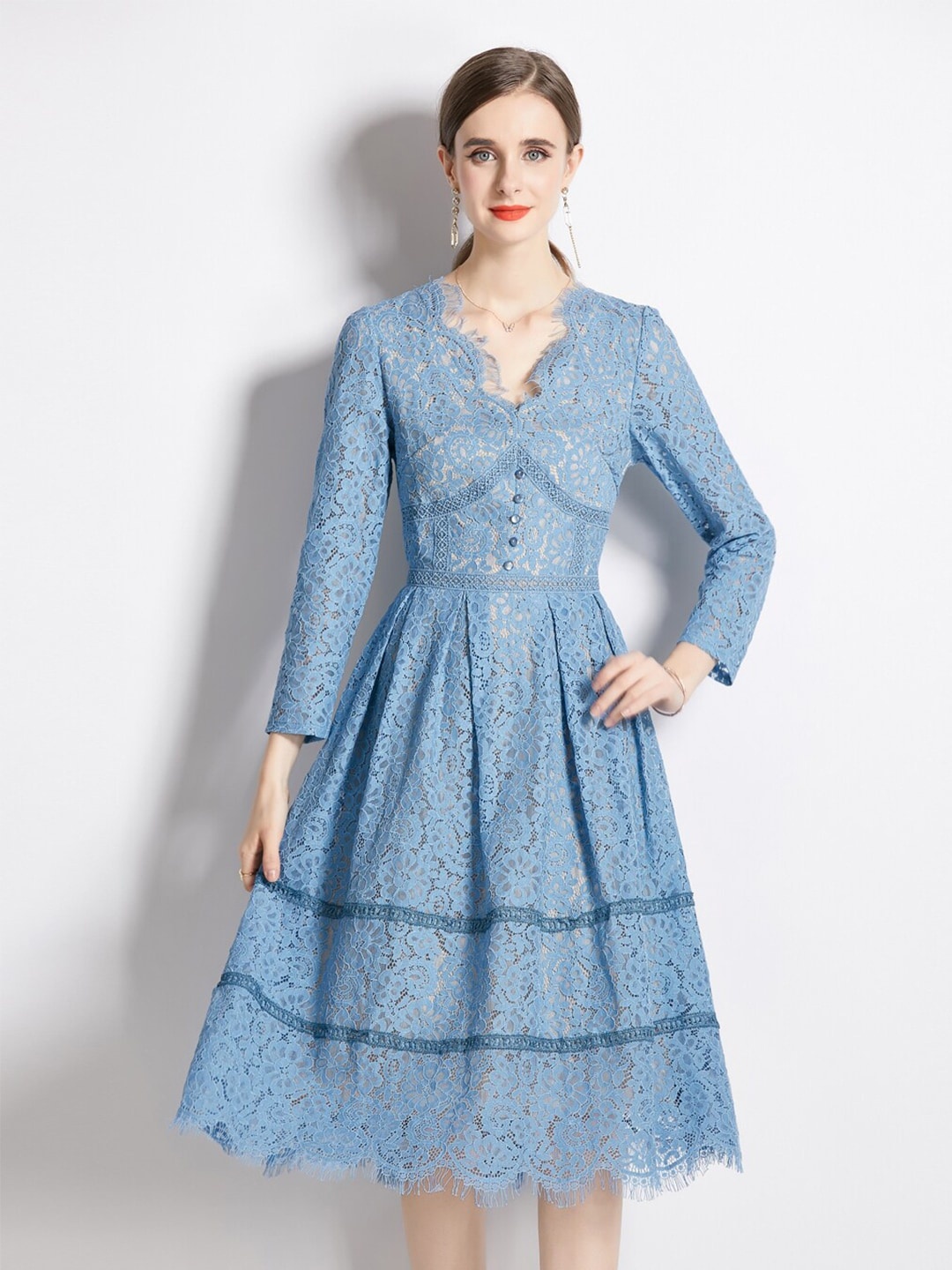 

JC Collection V-Neck Self Design Midi Dress, Blue