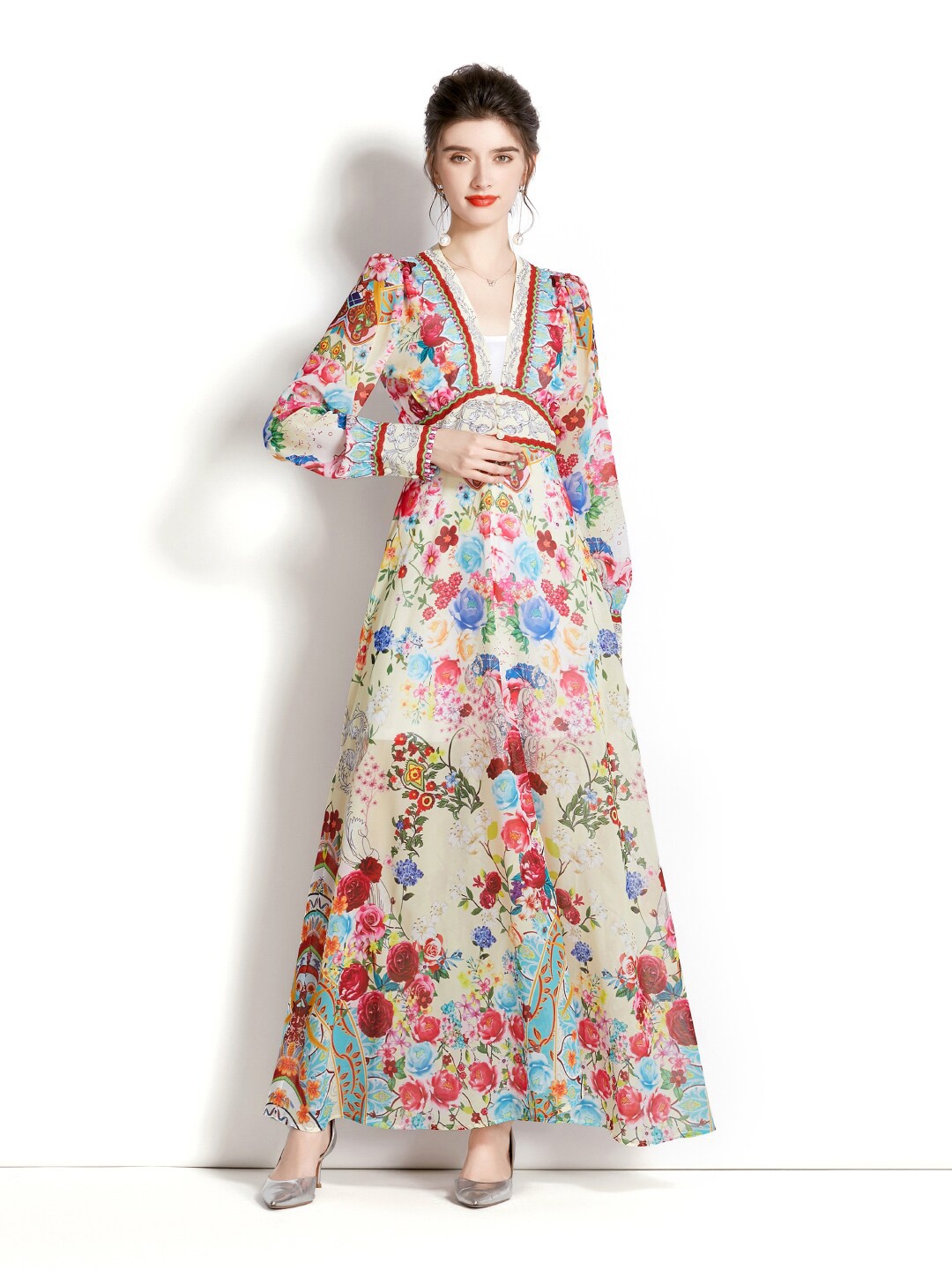 

JC Collection V-Neck Floral Printed Maxi Dress, Cream