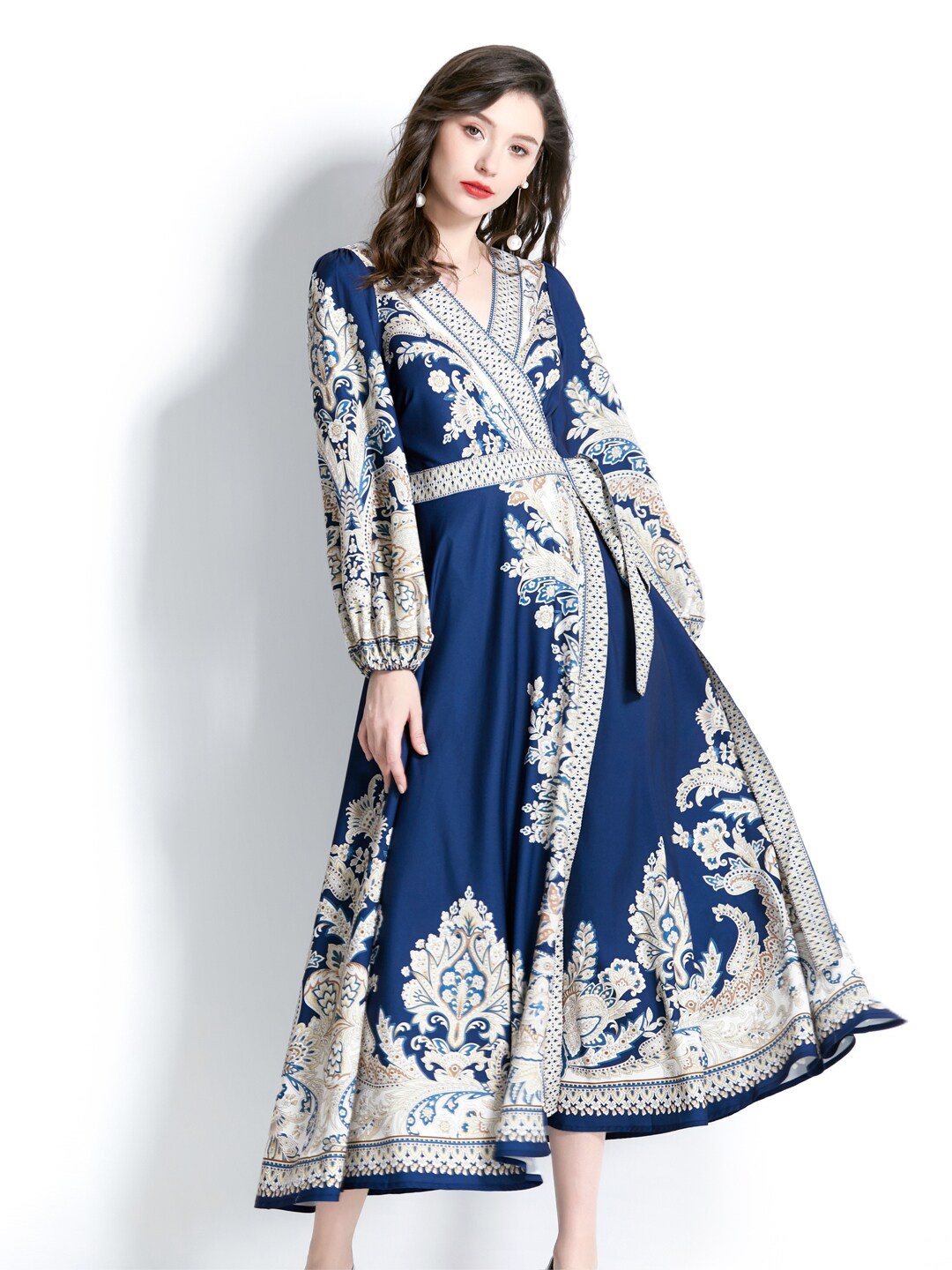 

JC Collection V-Neck Ethnic Motifs Printed Maxi Dress, Navy blue