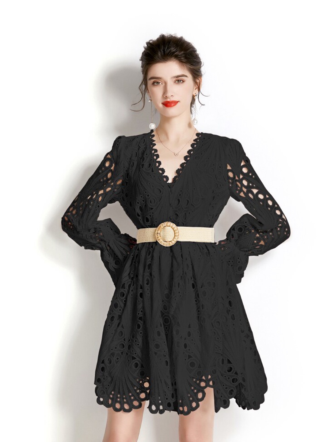 

JC Collection V-Neck Cuffed Sleeves Self Design Dress, Black