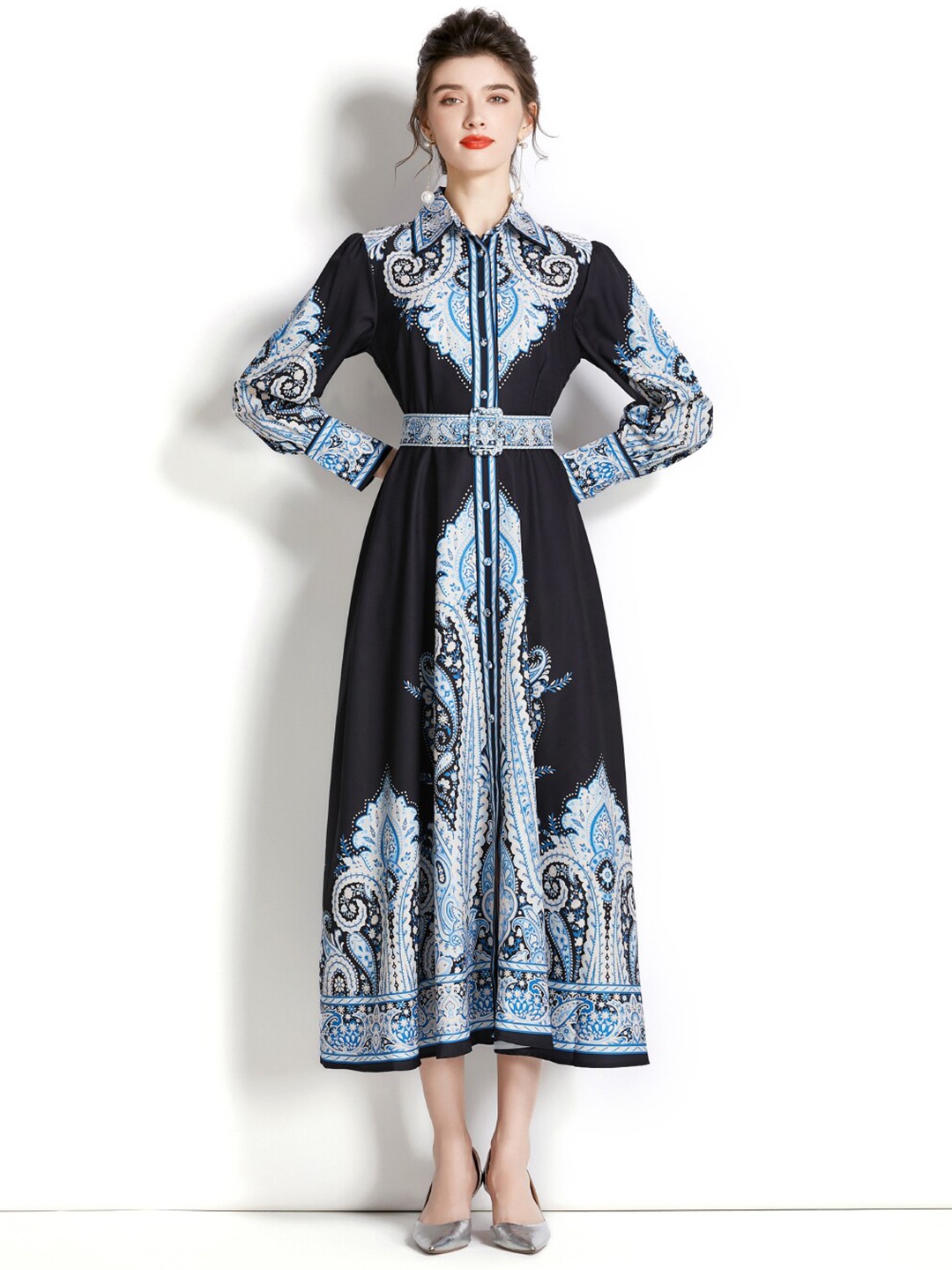 

JC Collection Shirt Collar Ethnic Motifs Printed Maxi Dress, Black