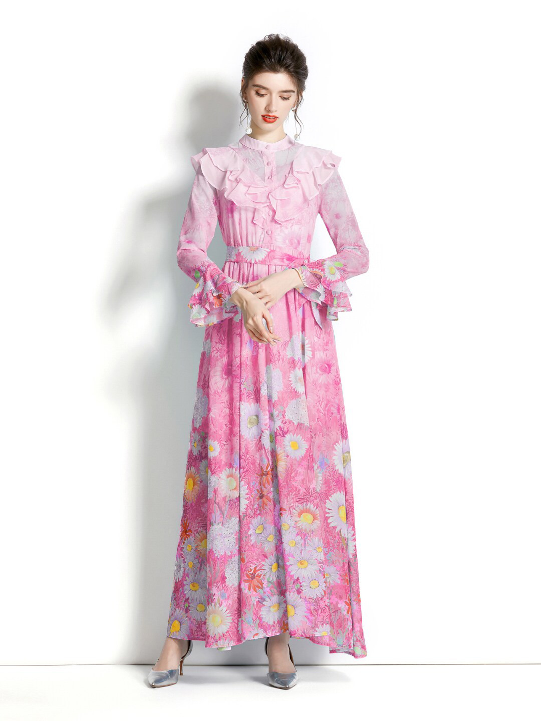 

JC Collection Mandarin Collar Floral Printed Maxi Dress, Pink