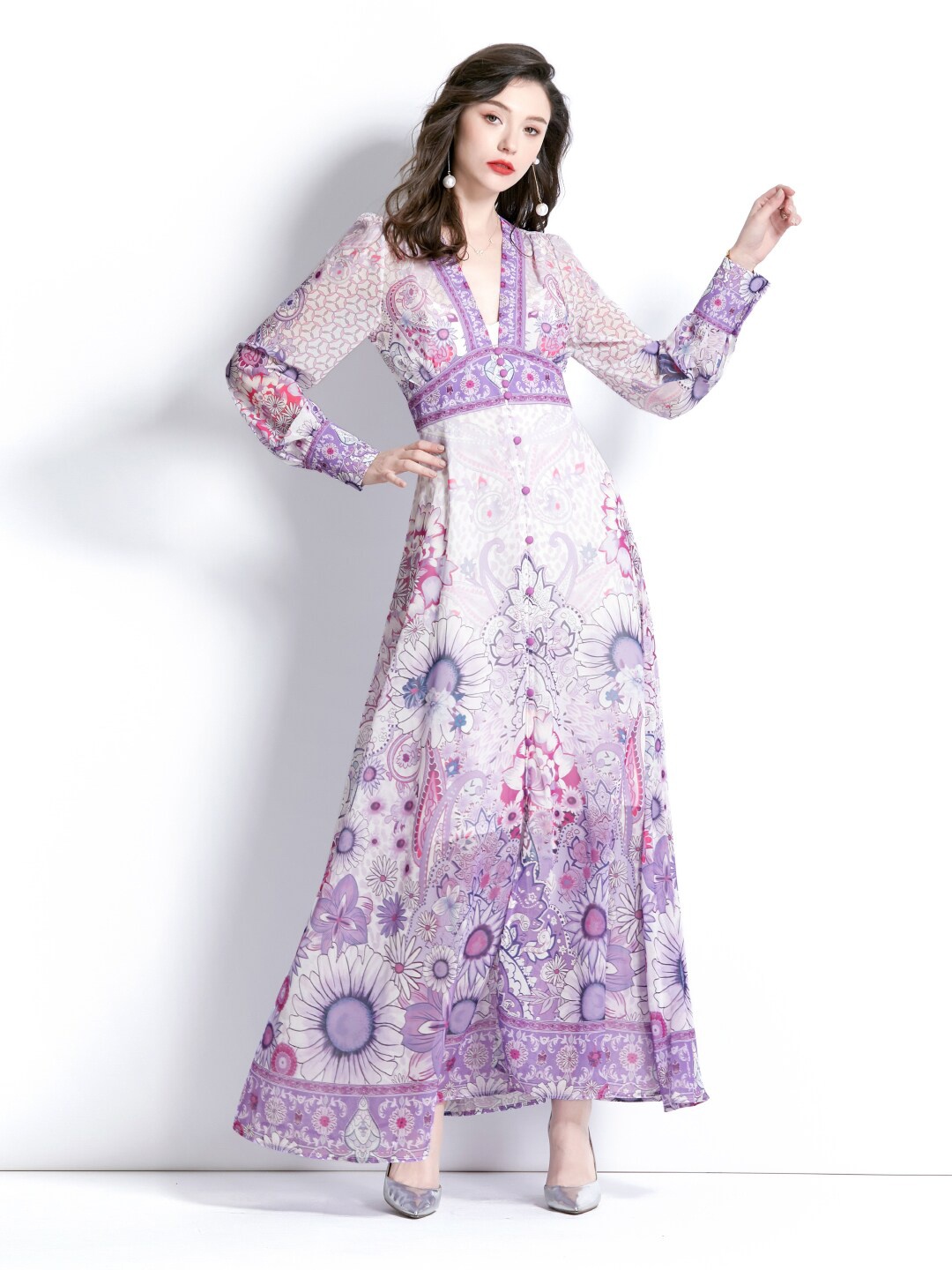 

JC Collection V-Neck Floral Printed Maxi Dress, Purple