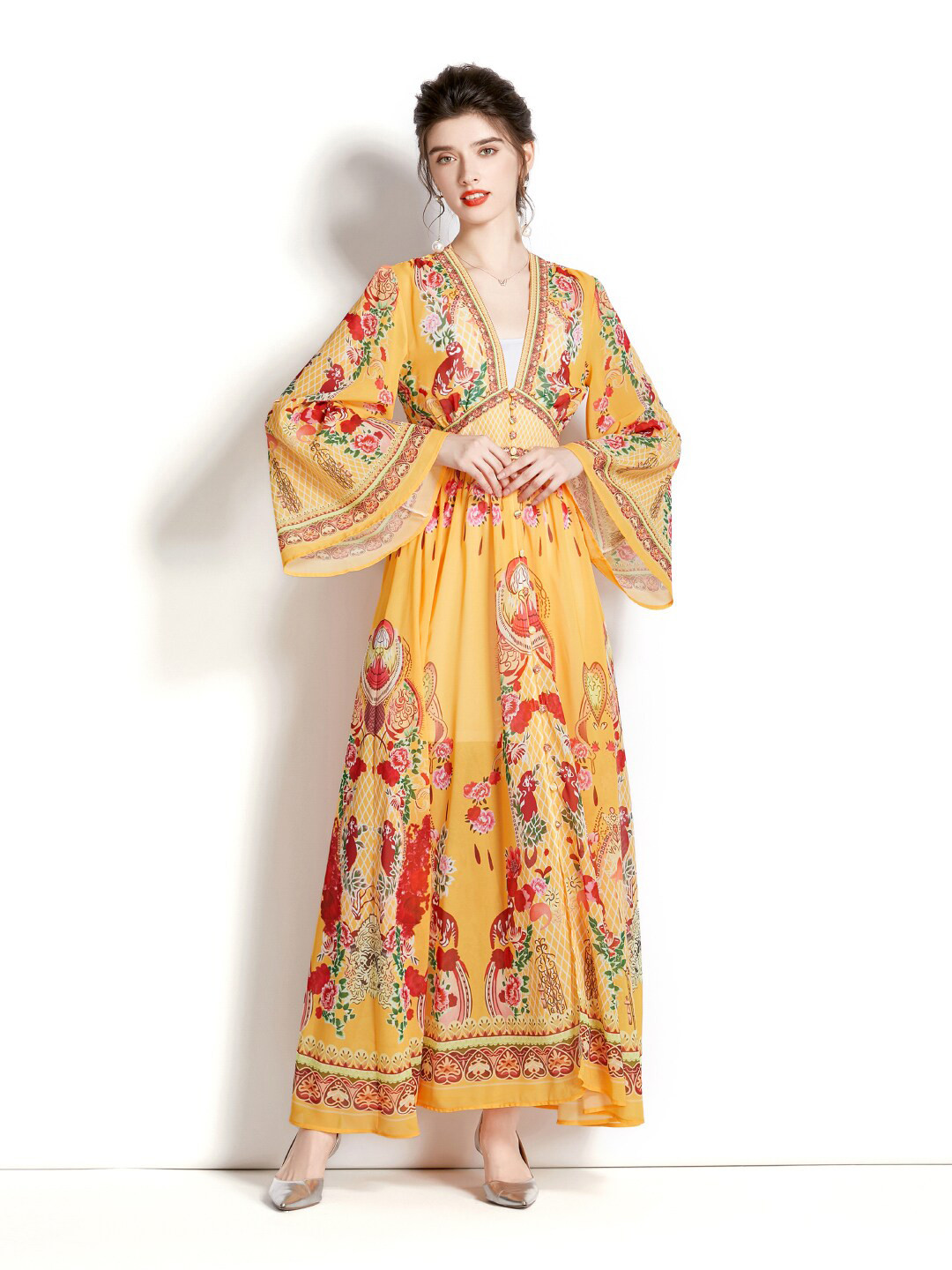 

JC Collection V-Neck Flared Sleeves Floral Printed Maxi Dress, Yellow
