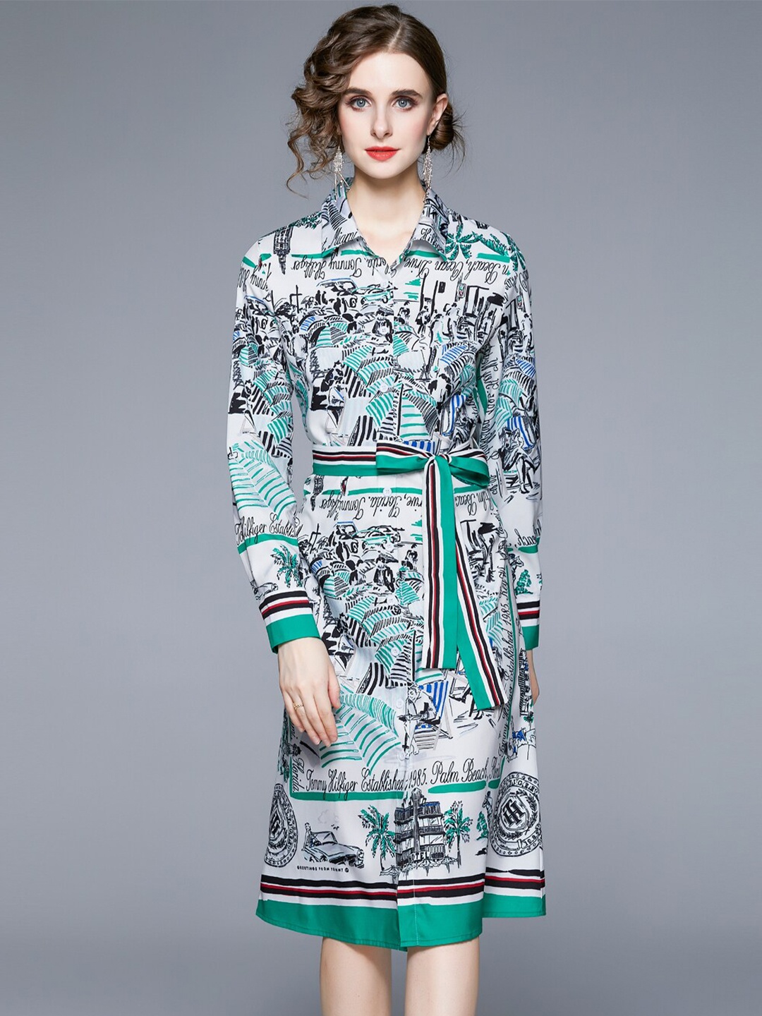 

JC Collection Shirt Collar Ethnic Motifs A-Line Midi Dress, Green