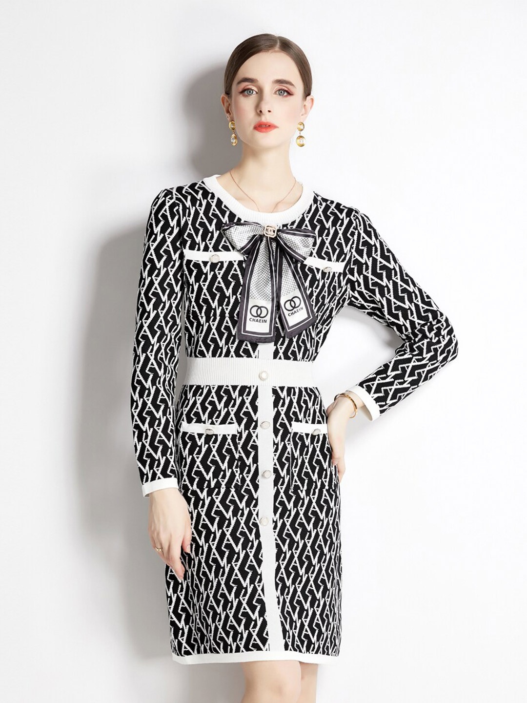 

JC Collection Geometric Printed A-Line Dress, Black